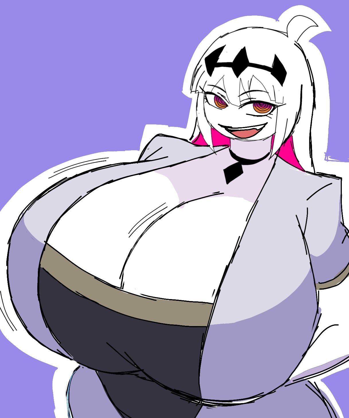 1girls, big breasts, breasts, breasts bigger than head, burgerkiss, cleavage, clothed, clothing, collar, female, female only, fnf entity, friday night funkin, friday night funkin mod, friday night funkin: entity, ftm transformation, hands under breasts, huge breasts, looking at viewer, looking up, momiji (artist), nikusa (sugarratio), simple background, solo, solo female, surgery, tall female, tiara, transformation, white body