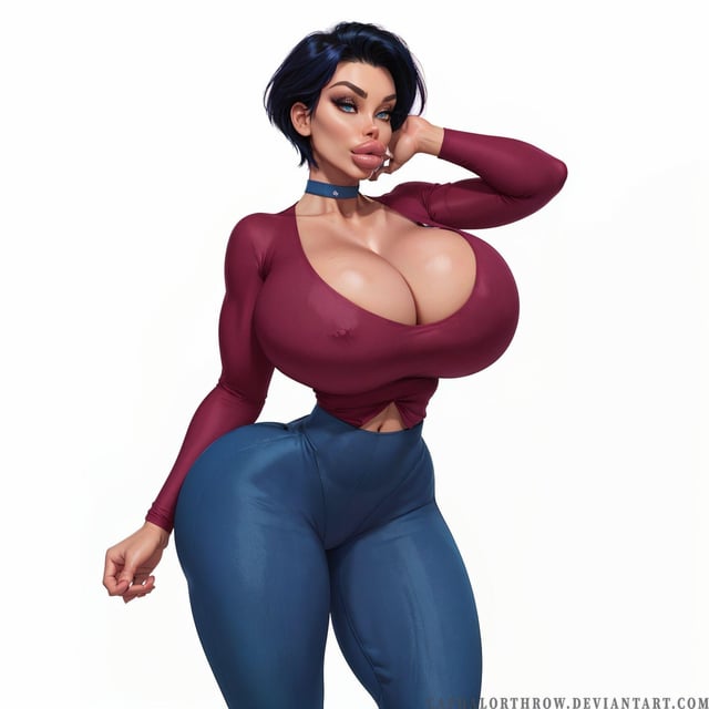 ai_generated big_ass big_breasts bimbo bimbo_body bimbo_lips black_hair blue_eyes breasts_bigger_than_head bubble_butt crop_top fully_clothed huge_ass huge_breasts leggings makeup massive_breasts theofficialpit_(style) thick_ass thick_lips