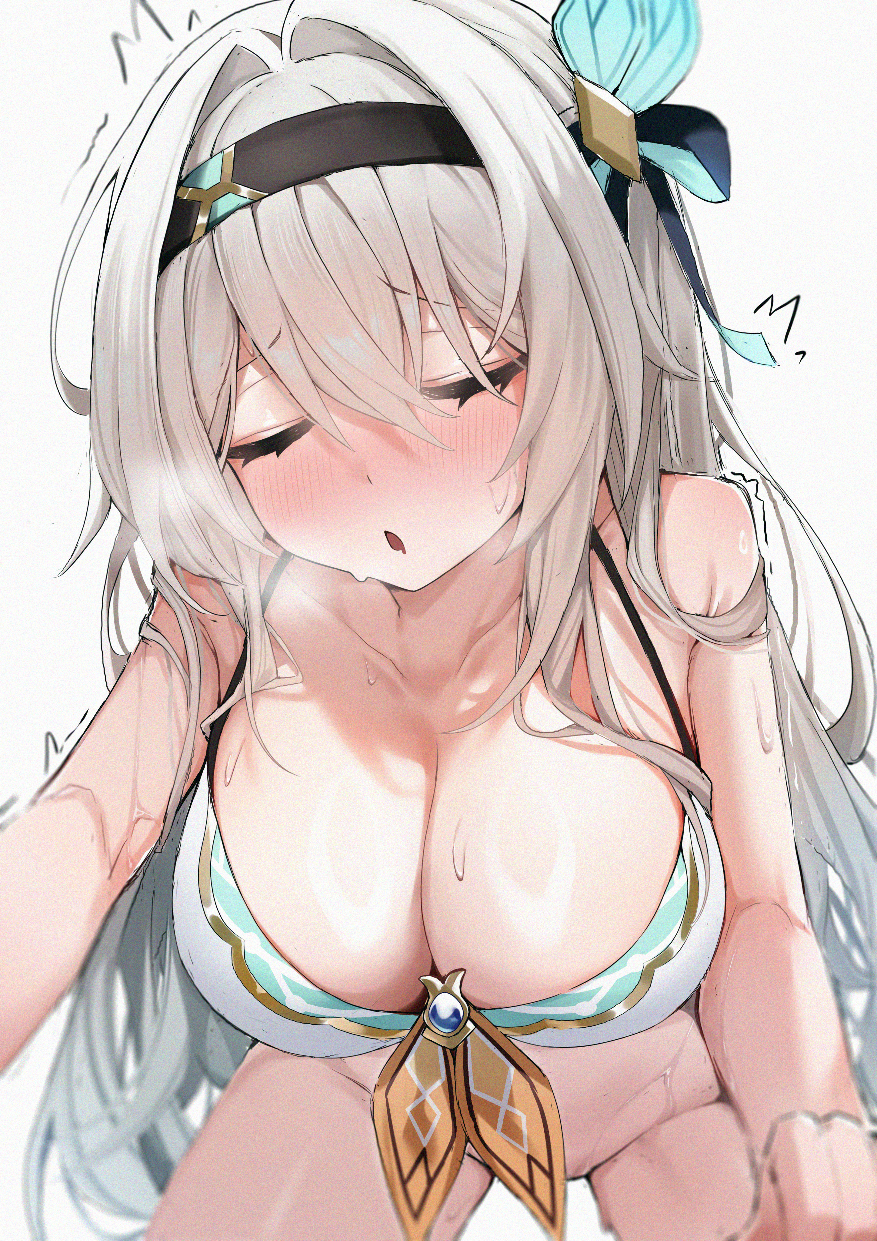 absurdres, bare arms, blush, bottomless, breasts, cleavage, closed eyes, cowboy shot, female, firefly (honkai: star rail), furrowed brow, hair between eyes, hairband, highres, honkai (series), honkai: star rail, large breasts, light brown hair, long hair, open mouth, sidelocks, simple background, solo, trembling, wendao, wet, white background