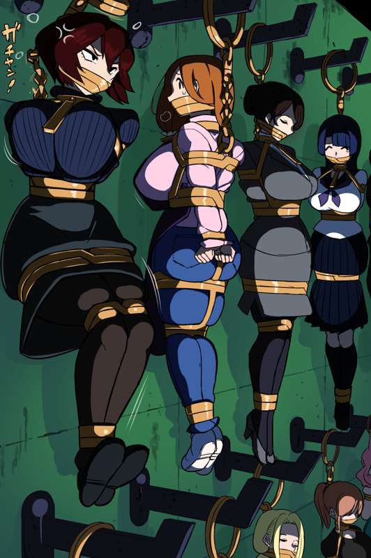 arms_behind_back boku_no_hero_academia bondage bound breasts charm_(object) female gag hanging highres large_breasts mandalay mandalay_(boku_no_hero_academia) multiple_girls my_hero_academia rebake rebake-1453 restrained tagme