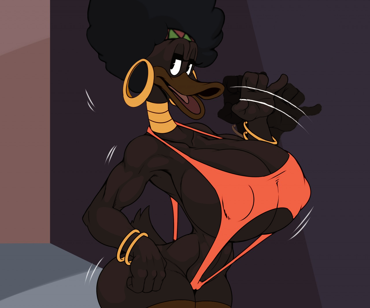 anthro, avian, ber00, between labia, big breasts, bikini, black eyes, breasts, clothing, duck, edit, english text, fellatio gesture, female, female only, furry, gesture, handjob gesture, huge breasts, innie pussy, large breasts, pussy, sling bikini, solo, tail, text