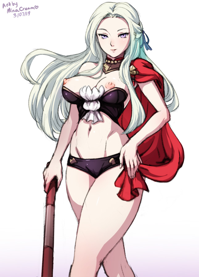 1girls, areolae, bra, breasts, breasts out, edelgard von hresvelg, female, female only, fire emblem, fire emblem: three houses, long hair, minacream, nintendo, nipples, panties, solo, white hair