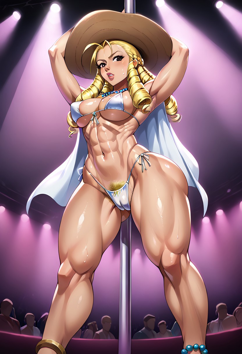 ai_generated anklet arms_behind_head arms_up audience bikini blonde_hair brown_eyes cameltoe drill_hair hair_drills hat jewlery karin_kanzuki lips muscles muscular muscular_female pubic_hair seelenwanderer_(artist) street_fighter street_fighter_v strip_club stripper stripper_pole summer_hat sun_hat thick_hips thick_thighs toned_female white_bikini
