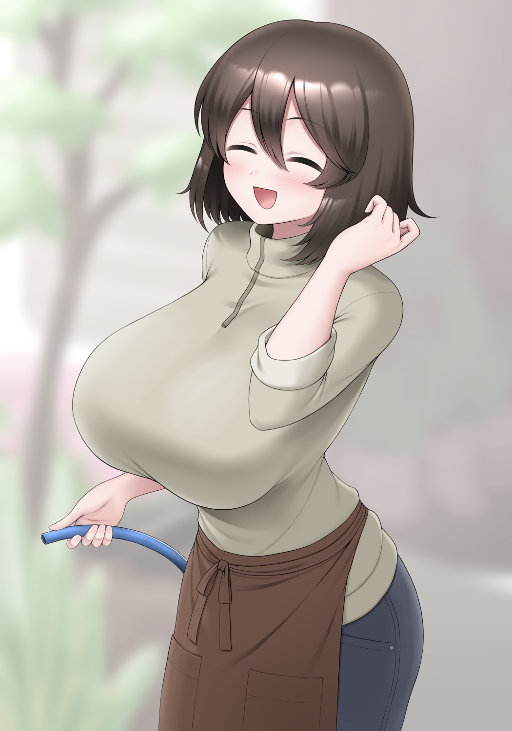 1girls apron big_breasts blush breasts brown_hair closed_eyes female_focus female_only green_eyes hair_between_eyes hi_res highres holding_object huge_breasts jeans large_breasts light-skinned_female open_mouth outdoors short_hair smile sweater unadare