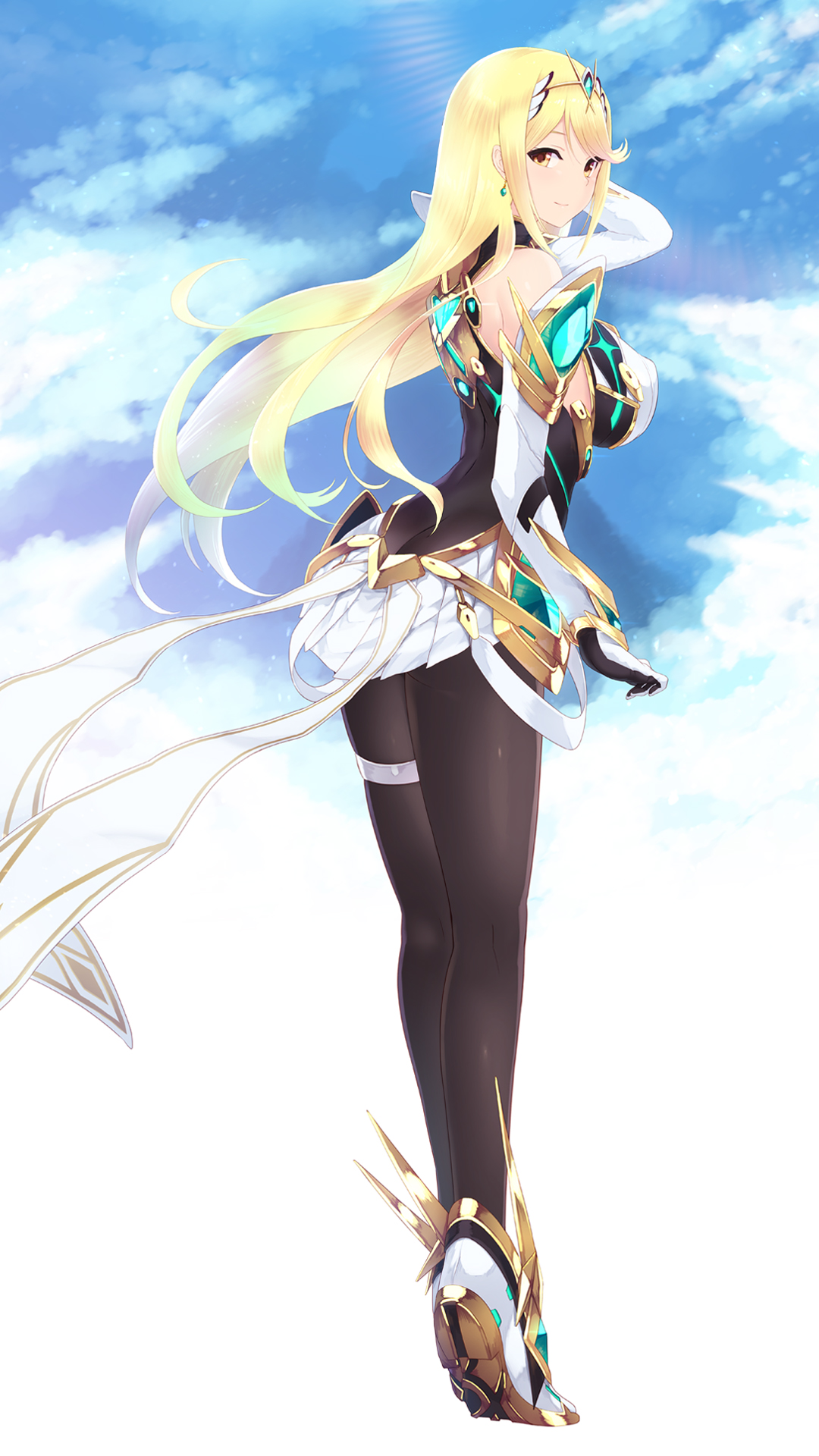 1girls, armor, bangs, bare shoulders, blonde hair, blue sky, blush, breasts, brown eyes, cait, closed mouth, cloud, cloudy sky, commentary request, day, earrings, eyebrows visible through hair, female, from behind, full body, gem, gloves, headpiece, highres, jewelry, large breasts, light smile, long hair, looking at viewer, looking back, miniskirt, mythra (xenoblade), nintendo, outdoors, pleated skirt, skirt, sky, smile, solo, standing, swept bangs, tiara, tiptoes, white gloves, white skirt, wind, xenoblade (series), xenoblade chronicles 2