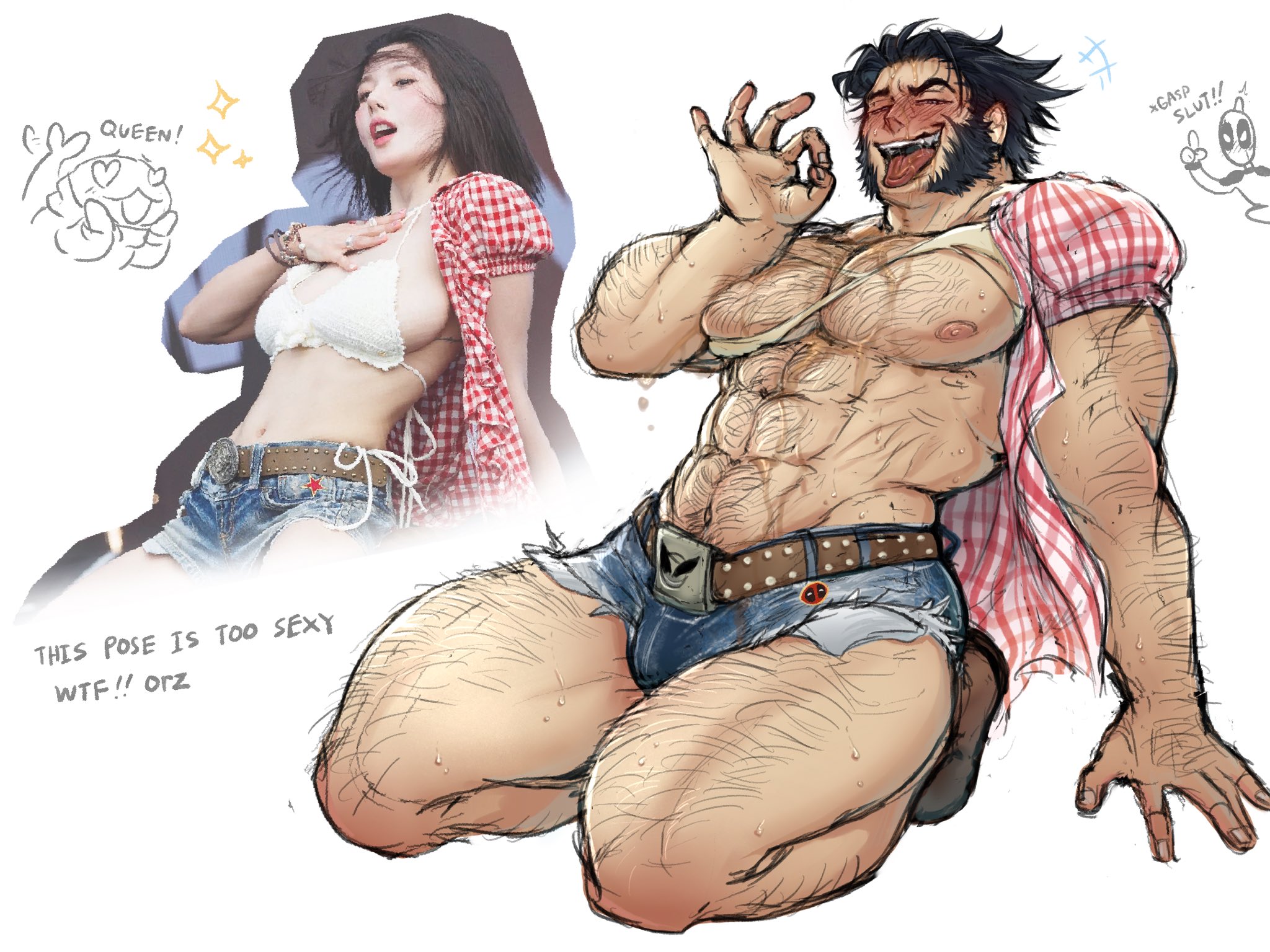 1boy, 1girls, abs, arm hair, baimonbluewhale, bare pectorals, belt, black hair, blush, chest hair, cosplay, cutoffs, deadpool, deadpool & wolverine (2024), denim, denim shorts, english text, female, femboy dilf, gay, hairy, james howlett, kneeling, kwon eun-bi, kwon eun-bi (cosplay), large pectorals, leg hair, logan (x-men), long sideburns, male, male focus, male only, marvel, marvel cinematic universe, marvel comics, muscular, muscular male, nipples, open clothes, open shirt, pectorals, photo-referenced, reference inset, short hair, shorts, sideburns, stomach, tongue, tongue out, waterbomb, wolverine (x-men), x-men