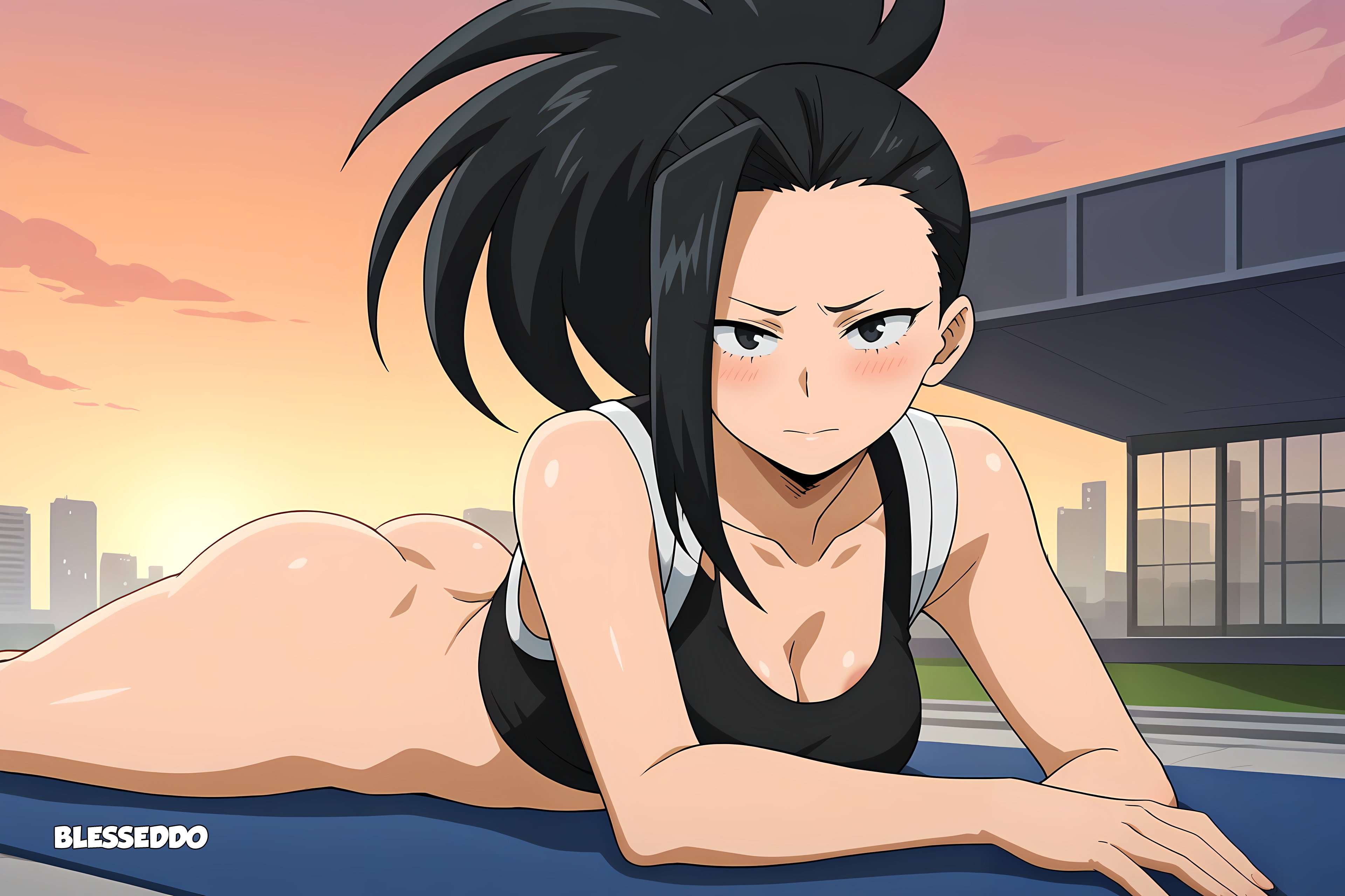 1girls, ai generated, ass, blesseddo, boku no hero academia, breasts, cleavage, female, female only, long hair, looking at viewer, momo yaoyorozu, my hero academia, no panties, ponytail
