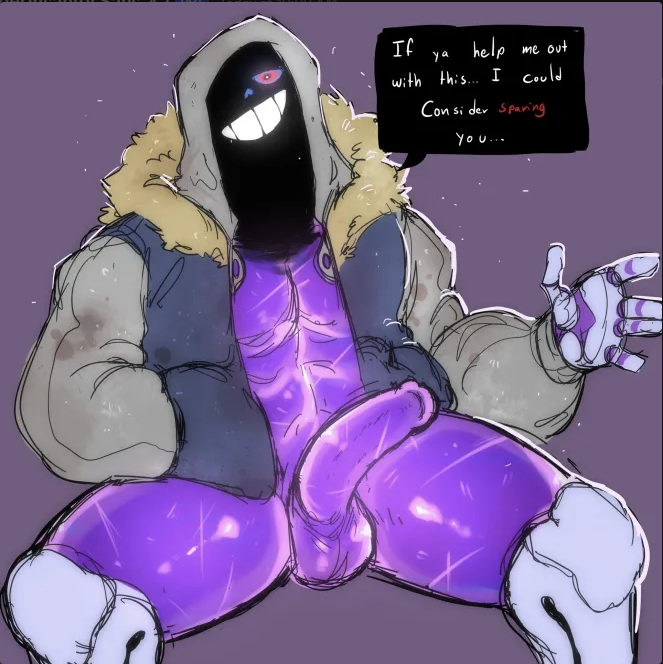 bara dust_sans dusttale dusttale_sans erect erect_penis erection face_not_visible hoodie hoodie_only monster muscular skeleton speech_bubble undertale