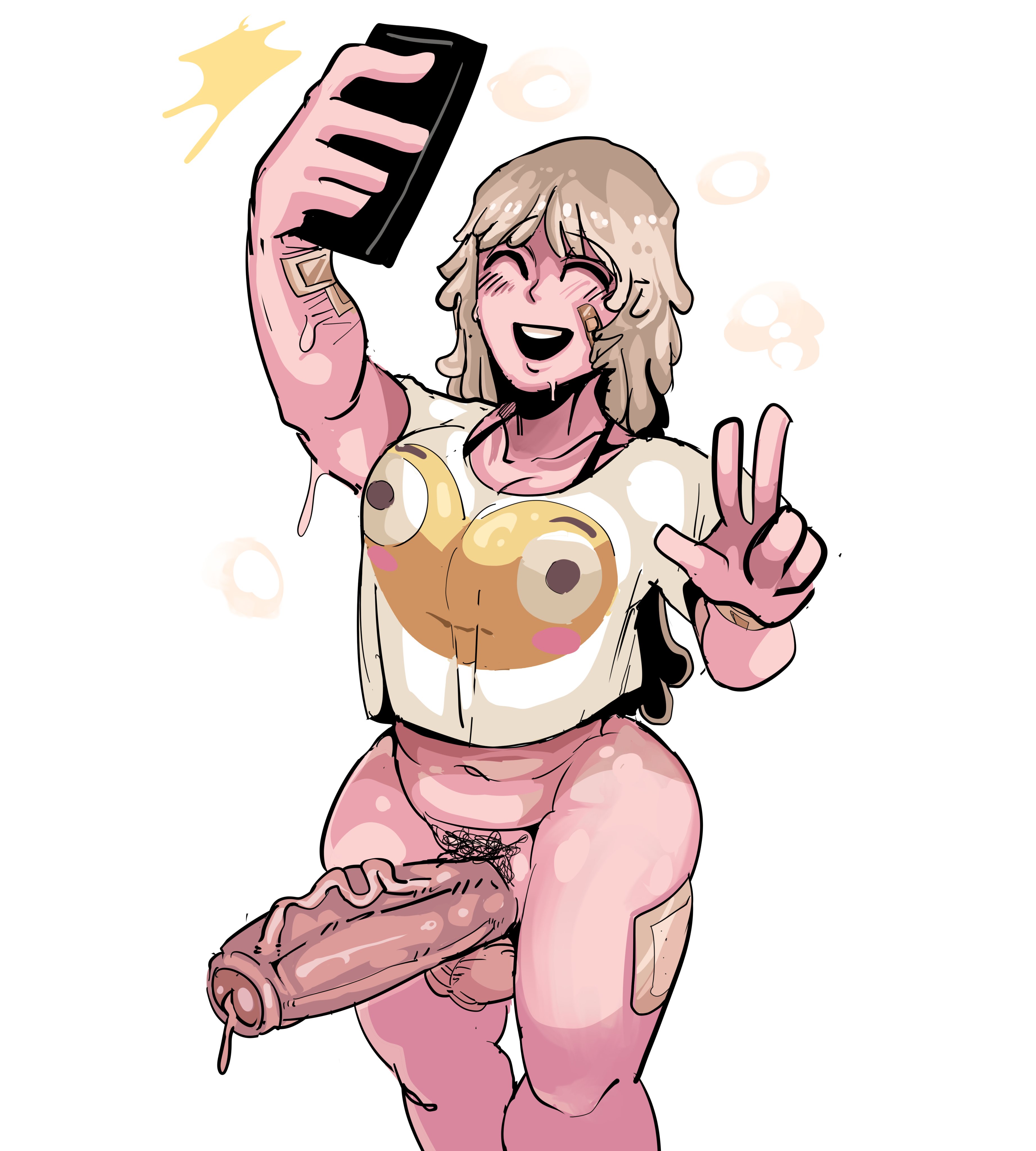 1futa, balls, big breasts, blonde hair, bottomless, breasts, clothed, clothing, emoji, erection, futa only, futanari, huge cock, human, intersex, light skin, light-skinned futa, long hair, nadadi6, partially clothed, peace sign, penis, pubic hair, selfie, smile, solo, standing, t-shirt