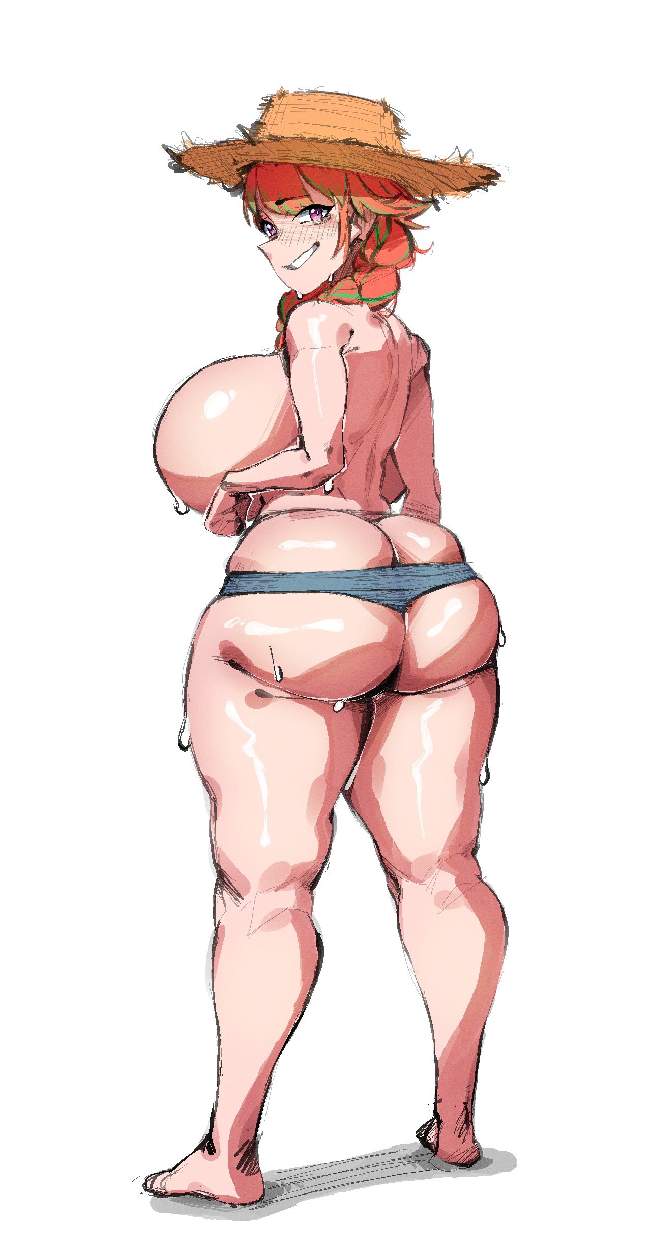1girls, ass, backboob, braid, braided twintails, breasts, female, full body, green hair, green highlights, hat, hololive, hololive english, hololive myth, huge ass, huge breasts, light skin, long hair, looking back, makinakid, orange hair, solo, standing, streaked hair, takanashi kiara, takanashi kiara (2nd costume), thick thighs, topless, twintails, two-tone hair, viewed from behind, virtual youtuber, vtuber