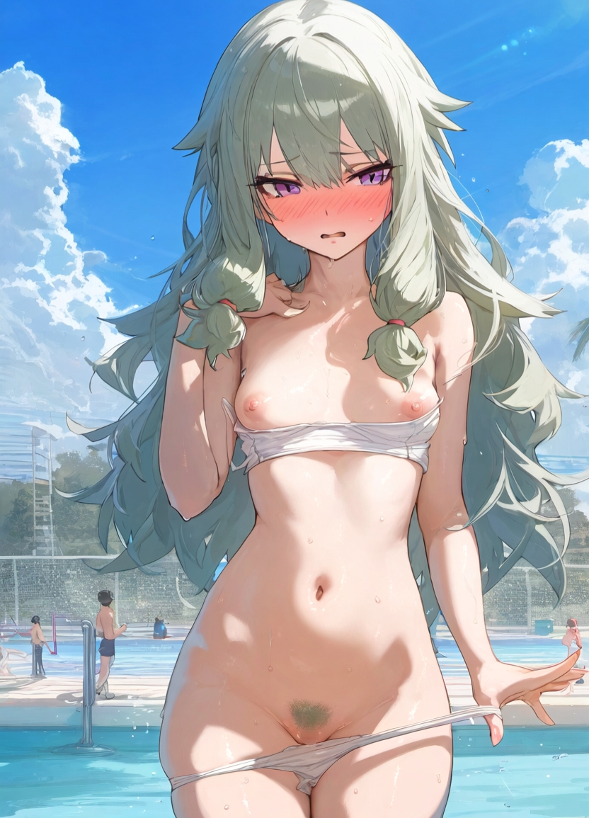 1girls ai_generated areola areolae belly belly_button bikini blush breasts breasts_out clothed clothing completely_naked completely_naked_female completely_nude completely_nude_female exhibitionism female female_focus female_only flat_chest flat_chested green_hair high_resolution highres kusanagi_nene naked navel nipples partially_clothed partially_clothed_female partially_nude partially_undressed pov project_sekai pubes pubic_hair public public_exposure public_humiliation public_indecency public_nudity purple_eyes pussy small_breasts solo solo_female solo_focus swimsuit swimwear thighs tits_out tummy