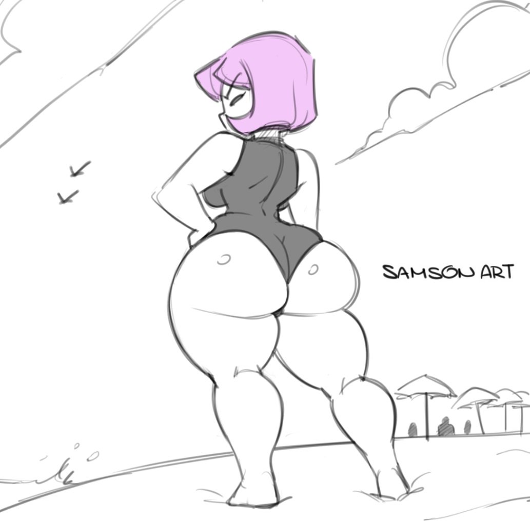 aged up, ass, beach, bodysuit, clothing, exposed arms, exposed legs, female, female focus, female only, gaz membrane, human, invader zim, looking back, nickelodeon, one-piece swimsuit, pale skin, purple hair, samson 00, swimsuit, swimwear, thicc gaz, thick ass, thick thighs