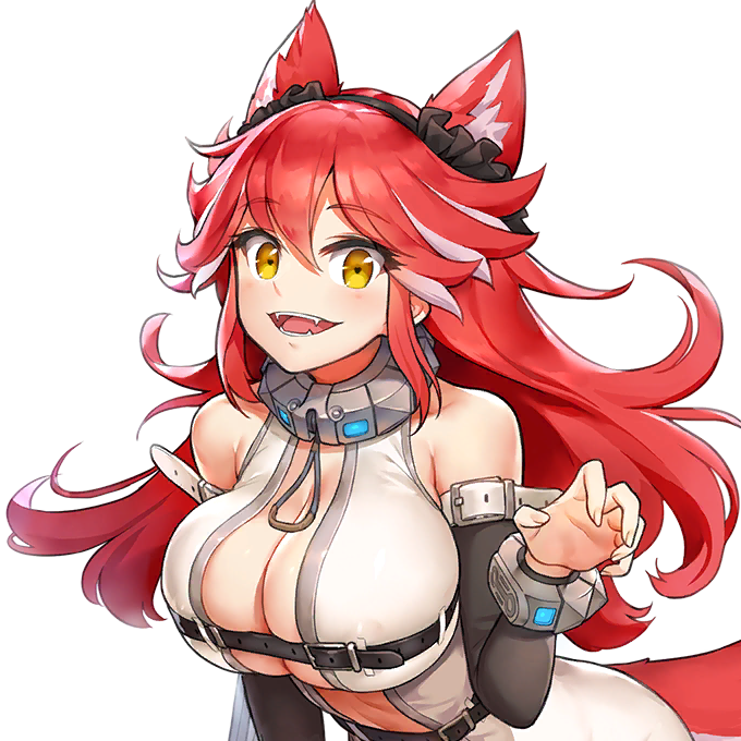 animal_ears arm_warmers bare_shoulders battle_suit battlesuit belt bracelet claw_pose cleavage collar color extra_ears eyebrows_visible_through_hair fangs female female_focus female_only fenrir_(last_origin) game_cg hair_between_eyes hair_ornament headdress heart-shaped_pupils huge_breasts kakiman last_origin long_hair looking_at_viewer open_clothes open_mouth red_hair skindentation sleeveless smile smiling smiling_at_viewer spiked_hair spiky_hair tight_clothing transparent_background upper_body wolf_ears wolf_girl yellow_eyes