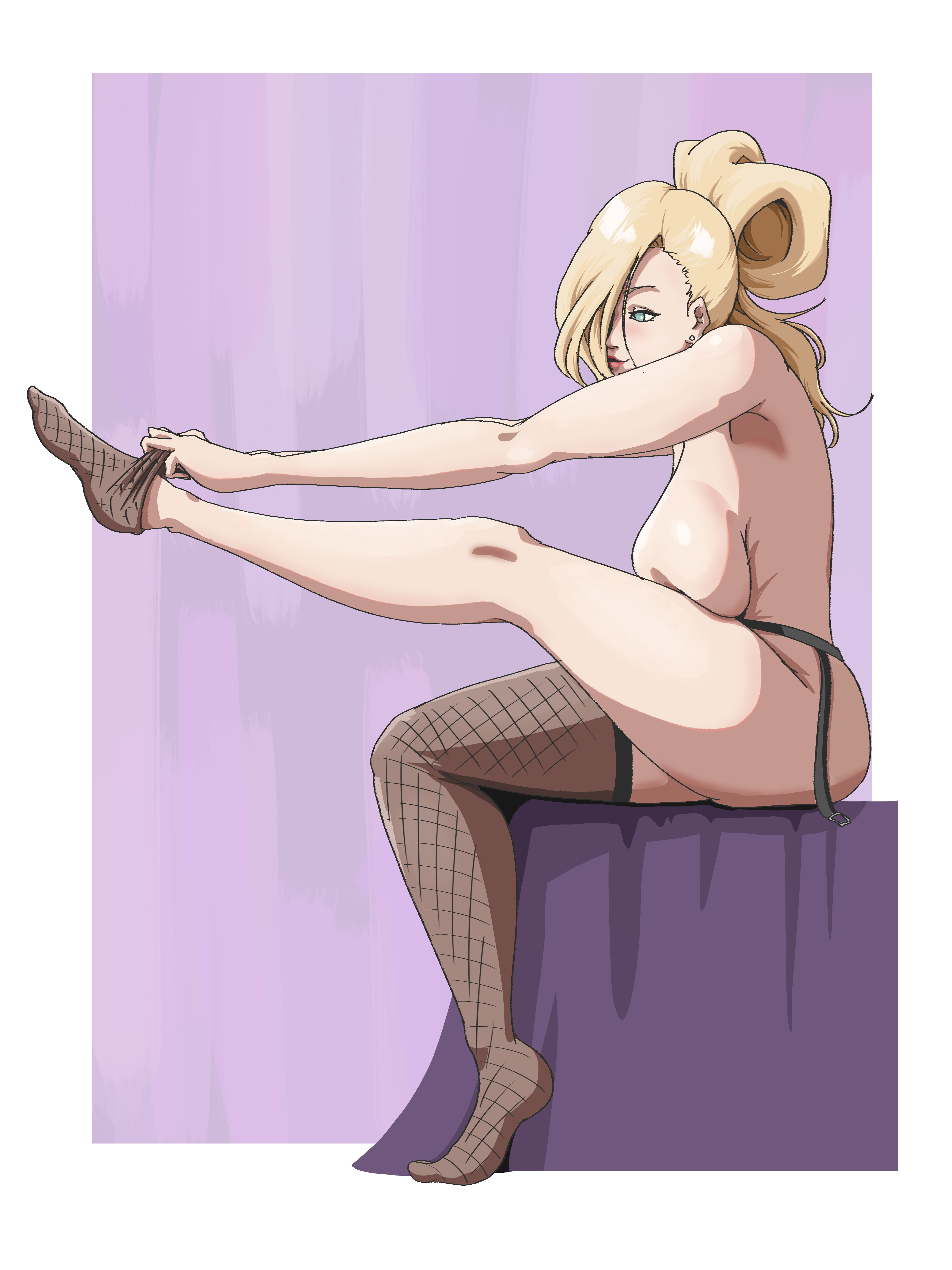 1girls, big breasts, blonde hair, blue eyes, breasts, female, female only, full body, garter belt, garter straps, huge breasts, ino yamanaka, legs up, legwear, legwear removed, lingerie, lipstick, long hair, makeup, naruto, naruto (series), naruto: the last, no bra, no panties, one leg up, removing legwear, side view, sideboob, sitting, sitting on bed, smile, stockings, tied hair, topless, topless female, undressing, voluptuous, wanderagro893