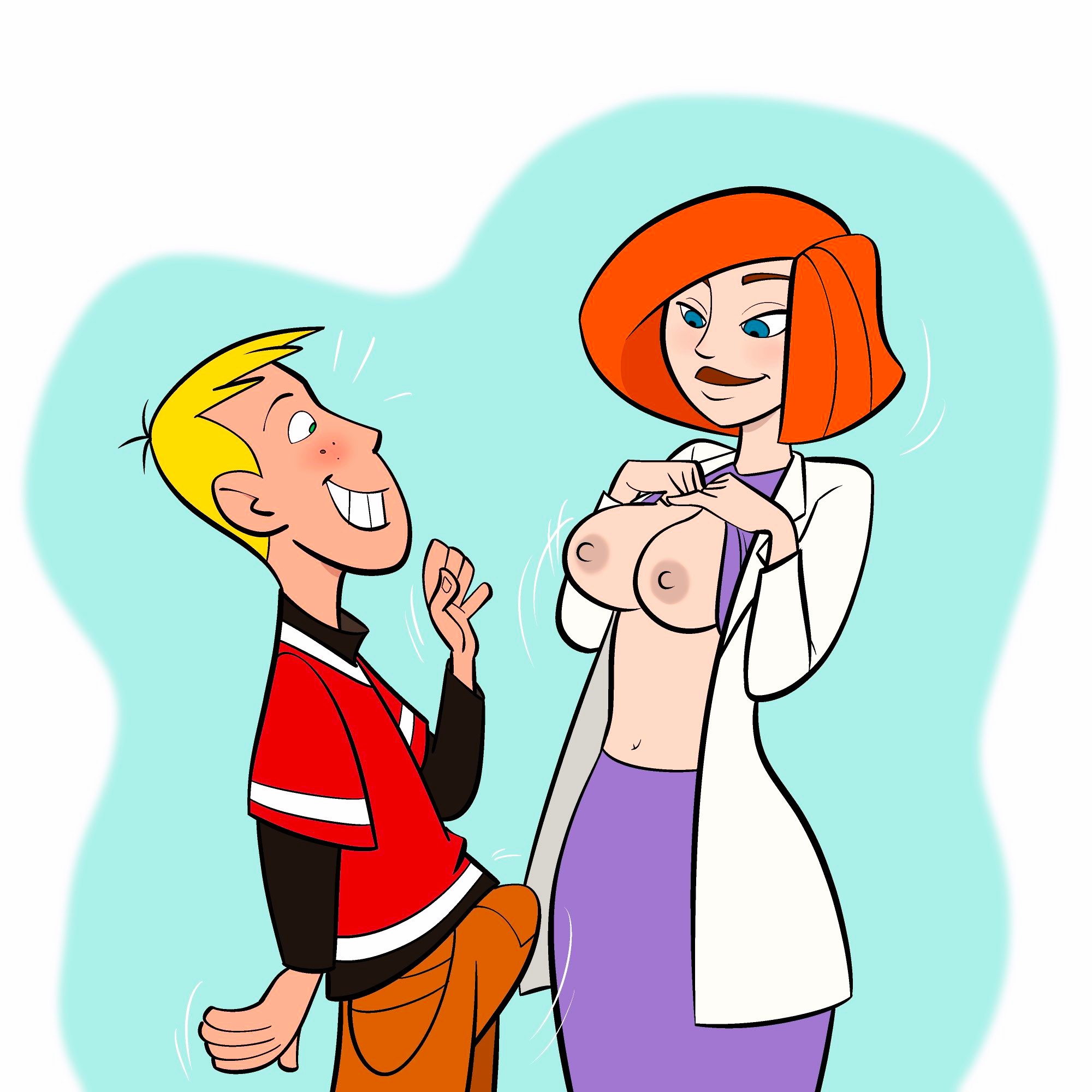 1boy, 1girls, ann possible, areolae, big breasts, breasts, digital media (artwork), disney, disney channel, erection under clothes, female, flashing, kim possible, labcoat, male, male/female, markkleanup, milf, mother, nipples, no bra, older female, older female and younger male, ron stoppable, straight, younger male