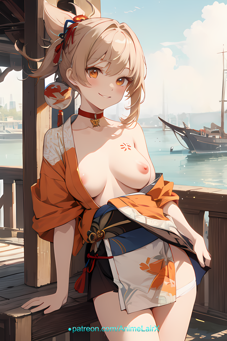 1girls ai_generated anime ass at bare barefoot bikini breasts clothes cute eyes female genshin_impact girl hair impact lift looking medium nipples no outdoors panties piercing purple pussy shoulders solo swimsuit thighs underpants viewer yoimiya_(genshin_impact)