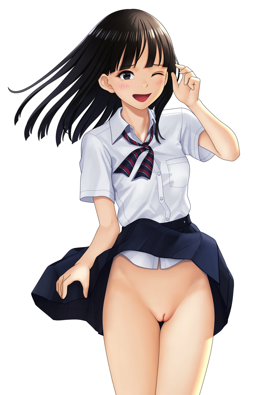 :d black_eyes black_hair blush breast_pocket buttons cleft_of_venus collared_shirt female highres long_hair maburu_(lojyq1eur3e8bit) neckerchief no_panties one_eye_closed original pocket pussy school_uniform shirt shirt_tucked_in short_sleeves simple_background smile solo striped_neckerchief thigh_gap uniform white_background white_shirt wind wind_lift