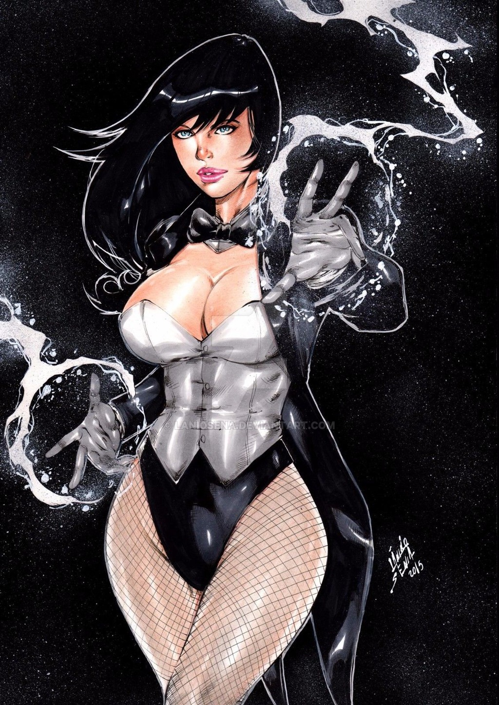 1girls 2015 big_breasts black_bowtie black_hair black_jacket black_leotard blue_eyes bowtie breasts busty casting_spell cleavage corset crossed_legs crossed_legs_(standing) curvaceous curvy dated dc dc_comics deviantart distracting_watermark ed_benes_studio eyeshadow female female_only fishnet fishnet_stockings fishnets gloves homo_magi human jacket justice_league lanio_sena large_breasts legs_crossed leotard long_hair magician makeup open_jacket pink_lips pink_lipstick pinup signature solo sorceress space standing star starry_background stars straight_hair superheroine thick_thighs thighs tight_shirt undershirt voluptuous watermark white_corset white_gloves witch zatanna zatanna_zatara