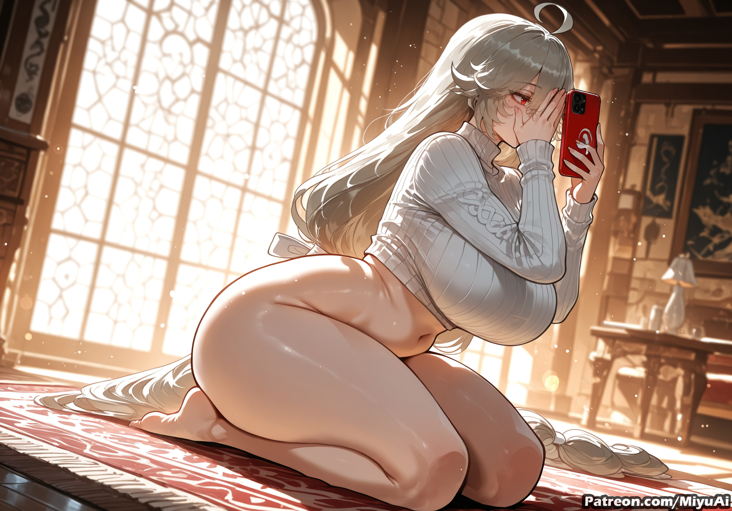 1girl, ahoge, ai assisted, ai generated, alexandrina sebastiane, ass, barefoot, blush, bottomless, breasts, cellphone, curvaceous, curvy, curvy female, curvy figure, female, huge breasts, long hair, mature female, milf, miyuai, navel, phone, red eyes, ribbed sweater, silver hair, solo, sweater, thick, thick ass, thick butt, thick hips, thick legs, thick thighs, thighs, very long hair, voluptuous, voluptuous female, wide hips, wide thighs, zenless zone zero