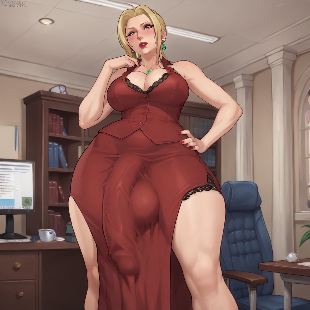 ai_generated blonde_hair bulge_under_clothes bulge_under_dress dominant_futanari final_fantasy_vii futa_only futanari large_balls large_penis light-skinned_futanari pale-skinned_futanari scarlet_(ffvii) spartan25