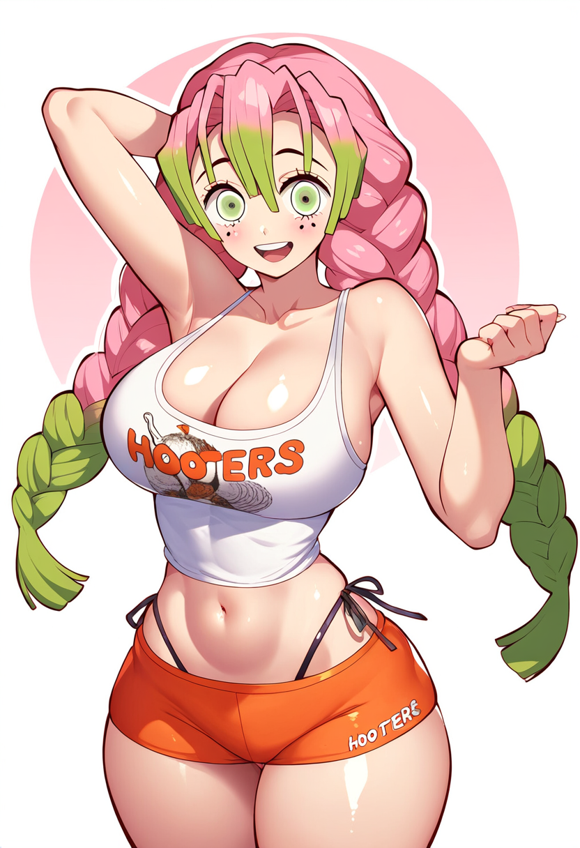 ai_generated cleavage demon_slayer female female_focus female_only green_eyes green_hair hand_behind_head highres hooters hooters_uniform kanroji_mitsuri kimetsu_no_yaiba large_breasts long_hair midriff nai_diffusion narrow_waist orange_shorts pink_hair rubycks shiny_skin short_shorts shorts smile smiling smiling_at_viewer solo solo_female solo_focus tank_top thong_straps twin_braids two_tone_hair white_background white_tank_top