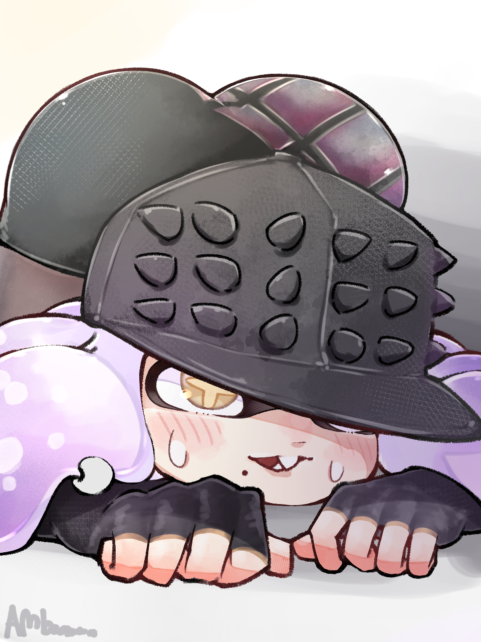 amboomoon ass ass_focus ass_up blush cap ear_piercing earring fingerless_gloves hat head_down_ass_up hotpants on_floor pantyhose pearl_(splatoon) petite print_shorts short_hair shorts spiked_cap splatoon star_eyes tagme watermark yellow_eyes