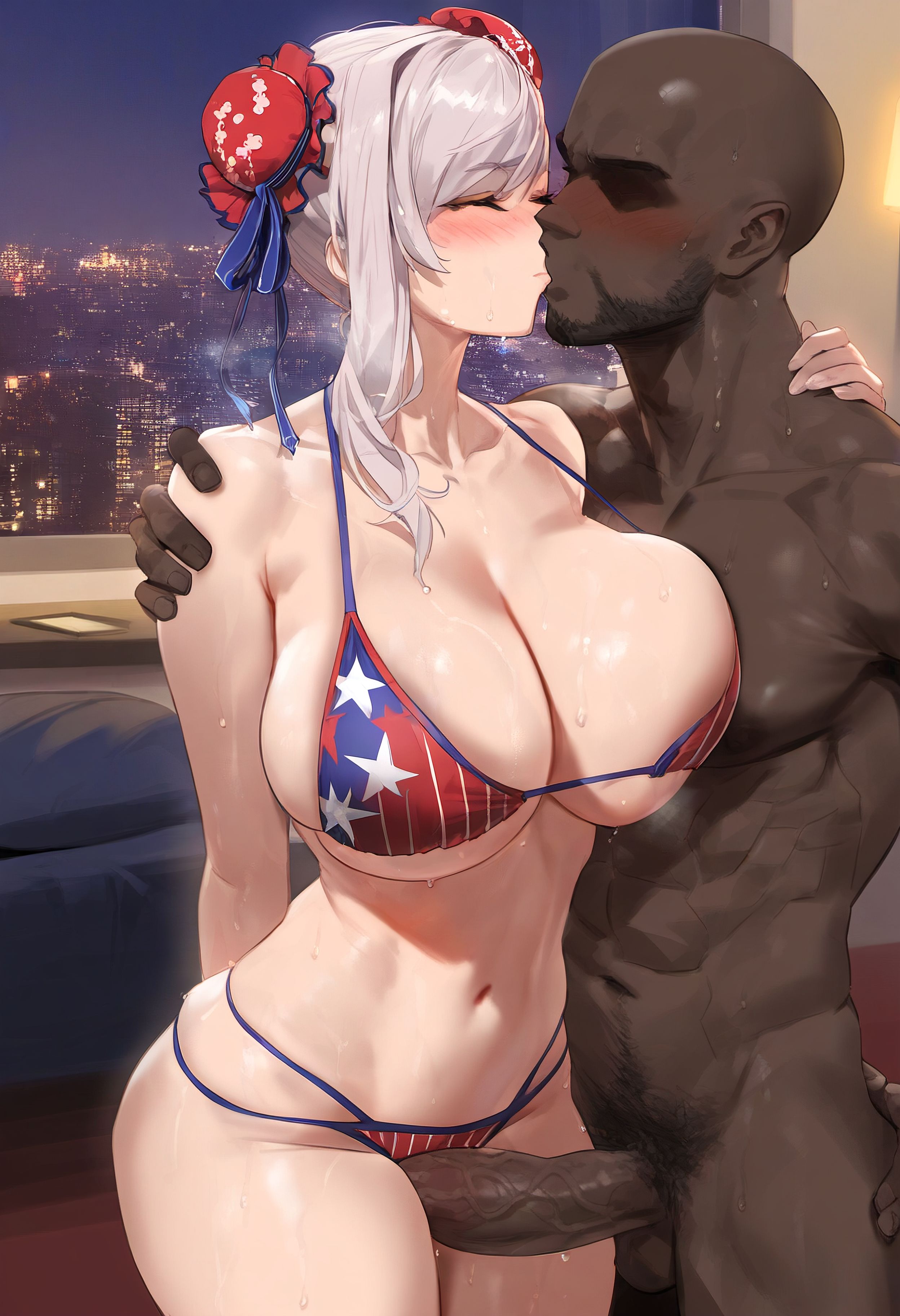 ai generated, big breasts, bikini, blue hair, breasts, curvy, dark skin, dark-skinned male, fate (series), fate/grand order, female, kissing, light skin, light-skinned female, male, mikayori, miyamoto musashi (fate), miyamoto musashi (swimsuit berserker), silver hair, straight