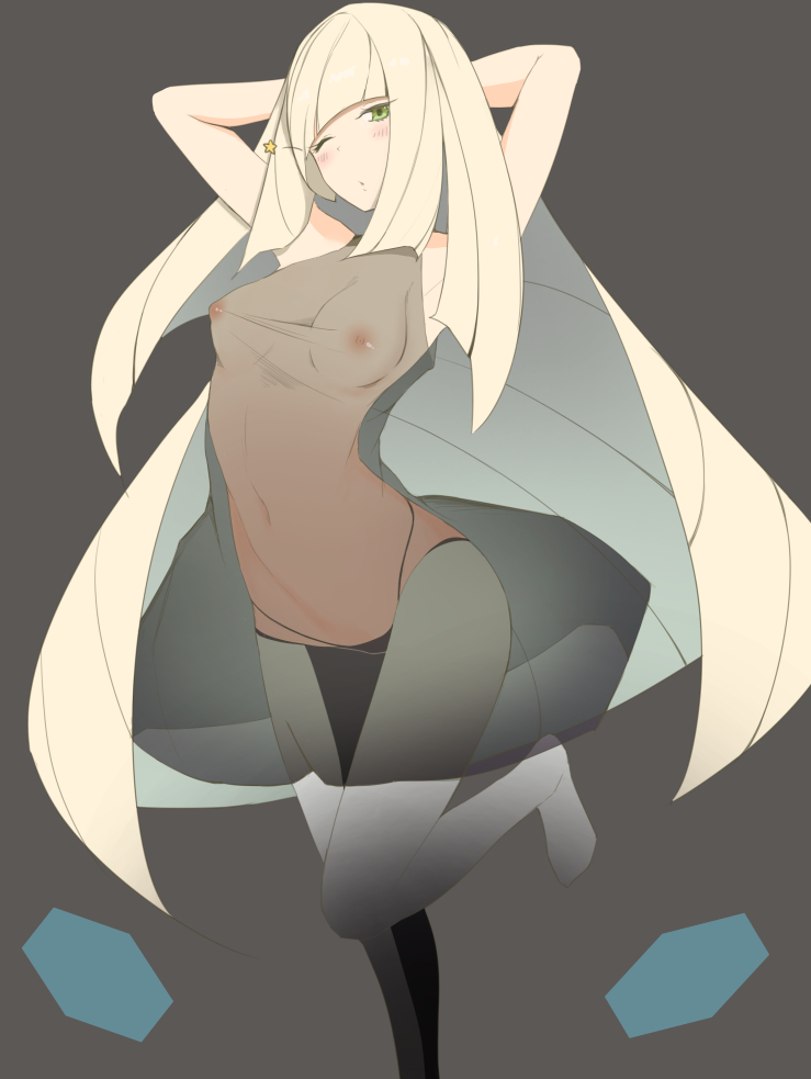 1girls, aether foundation, areolae, armpits, arms up, blonde hair, breasts, clothed, dress, feet, female, female only, human, leg up, leggings, looking at viewer, lusamine (pokemon), milf, mother, nipples, pokemon, pokemon sm, shisha no karada, solo, topless, very long hair, wide hips