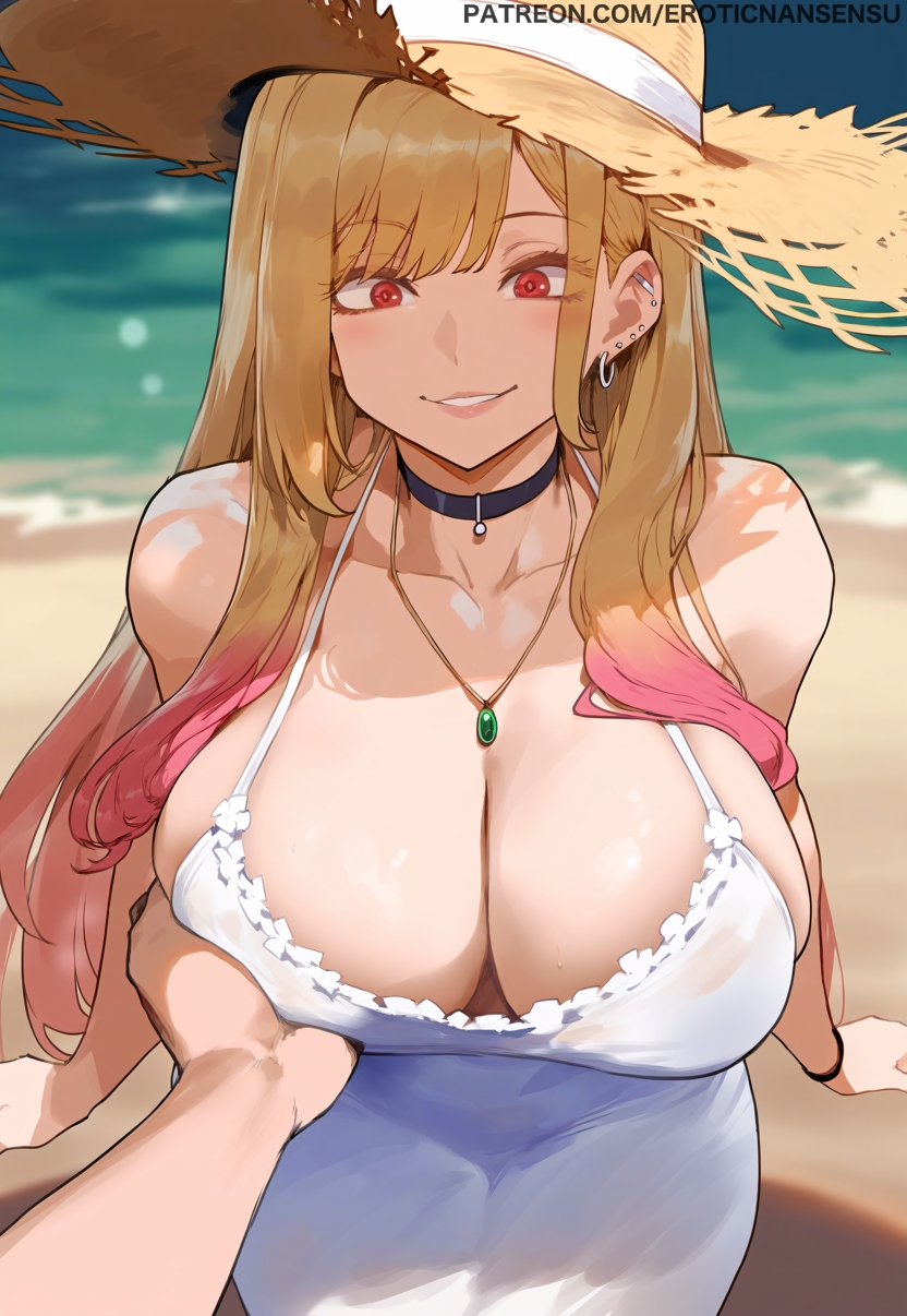 1girls ai_assisted ai_generated big_breasts curvy erotic_nansensu female grope groping groping_breasts human kitagawa_marin mommy multicolored_hair necklace pov pov_hands smile sono_bisque_doll_wa_koi_wo_suru straw_hat summer summer_dress voluptuous