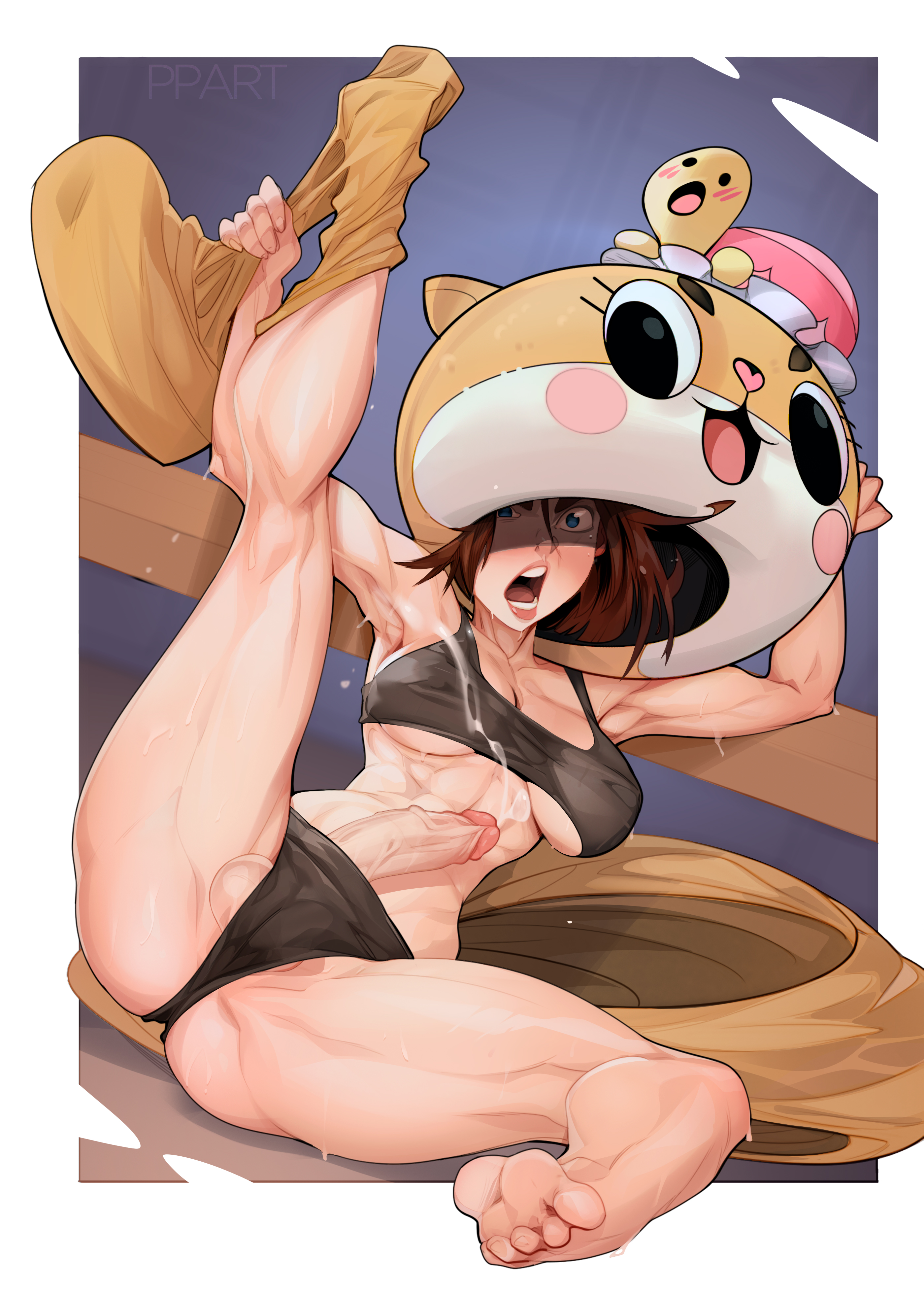 1futa, balls, breasts, caught, chiitan, clothed, clothing, cum, ejaculation, futa only, futanari, human, intersex, light skin, light-skinned futa, mascot costume, partially clothed, paulpeteart1, penis, ppart, solo