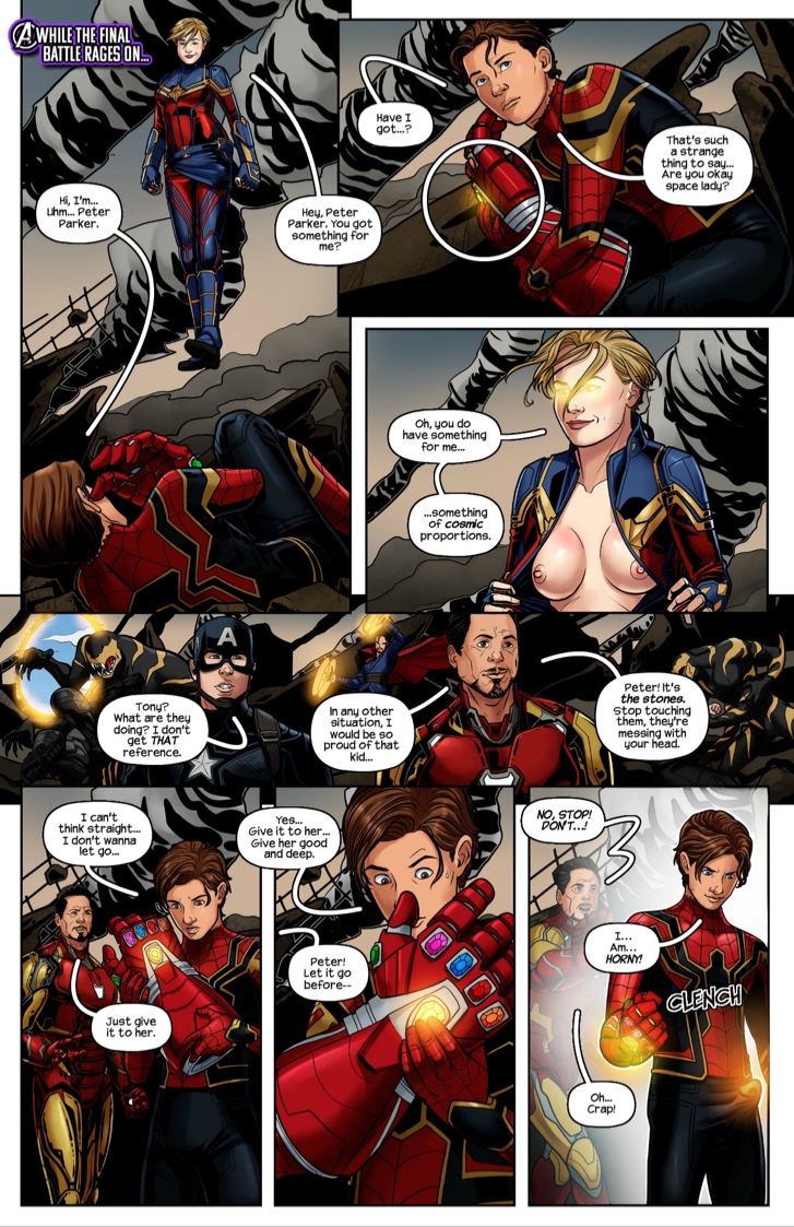 avengers avengers:_endgame breasts captain_america captain_marvel carol_danvers comic comic_page doctor_strange english_text infinity_gauntlet iron_man iron_man_(series) marvel marvel_cinematic_universe mind_control nano_gauntlet nipples outrider peter_parker robert_downey_jr. spider-man spider-man_(series) stephen_strange steve_rogers straight_hair superhero superheroine tony_stark tracyscops you_got_something_for_me?