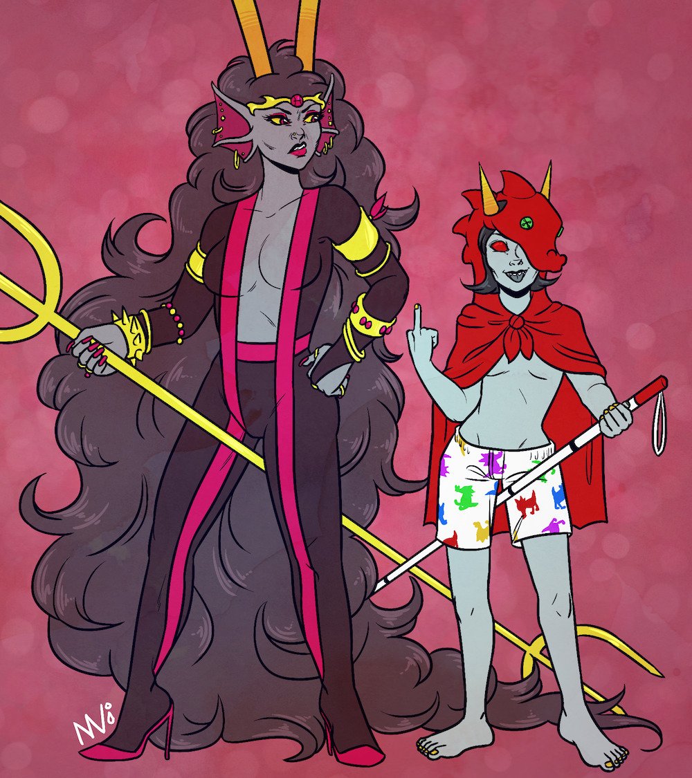 2girls alien black_hair black_hair_female cape cleavage colored_skin feferi_peixes female female_only fins grey_skin homestuck homestuck_troll horn horns long_hair long_hair_female medium_hair naughtyvixens pajamas partially_clothed partially_clothed_female princess royal royalty sideboob sunglasses terezi_pyrope the_condesce troll