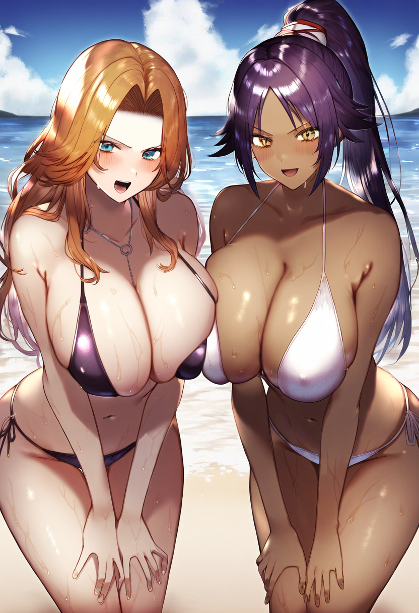 2girls ai_generated beach bent_over big_breasts bikini bleach bleach:_the_thousand-year_blood_war blush dark-skinned_female dripping duo duo_female facing_viewer hands_between_legs huge_breasts leaning_forward matsumoto_rangiku nipple_bulge nipples nipples_visible_through_clothing realistic self_upload shihouin_yoruichi standing thick_thighs thigh_gap uncensored wet yeetyboi5000