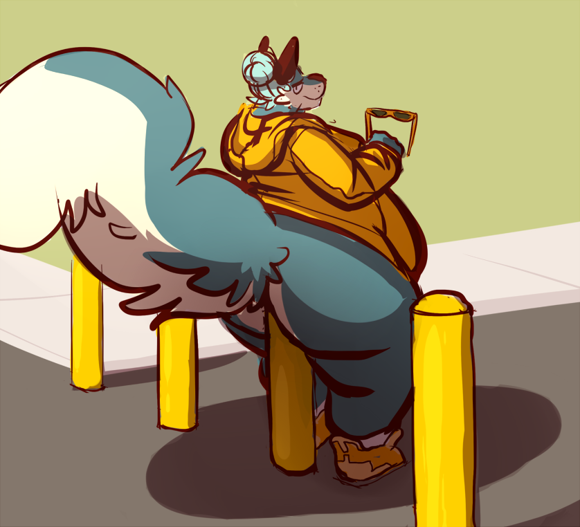 1boy anthro belly blue_fur blue_hair bollard bollard_insertion bottomless bottomless_male canine canine_humanoid fat furry hips hoodie joebluefox male male_focus male_only overweight overweight_male pole pole_between_ass sitting_on_pole stomach sunglasses thick_thighs thighs two_tone_fur wide_hips