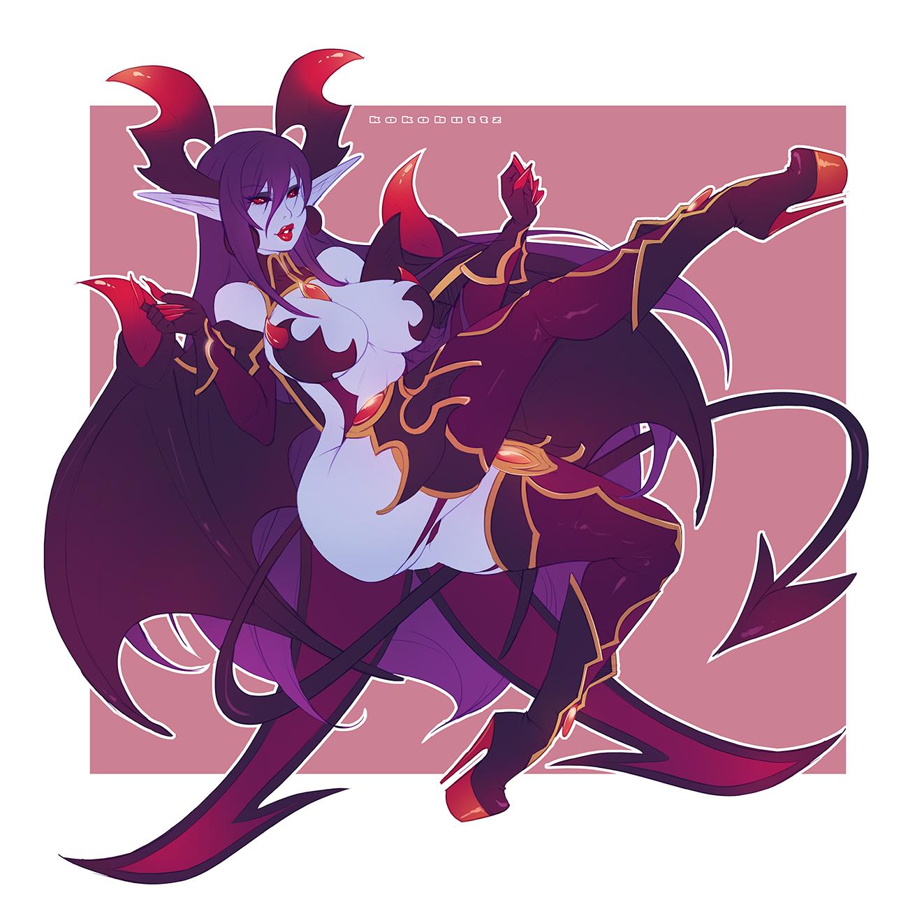 1girls, big breasts, breasts, clothing, curvy, demon, demon girl, demon tail, demon wings, female, female only, hair, horns, kokobuttz, long hair, solo, tail, wings