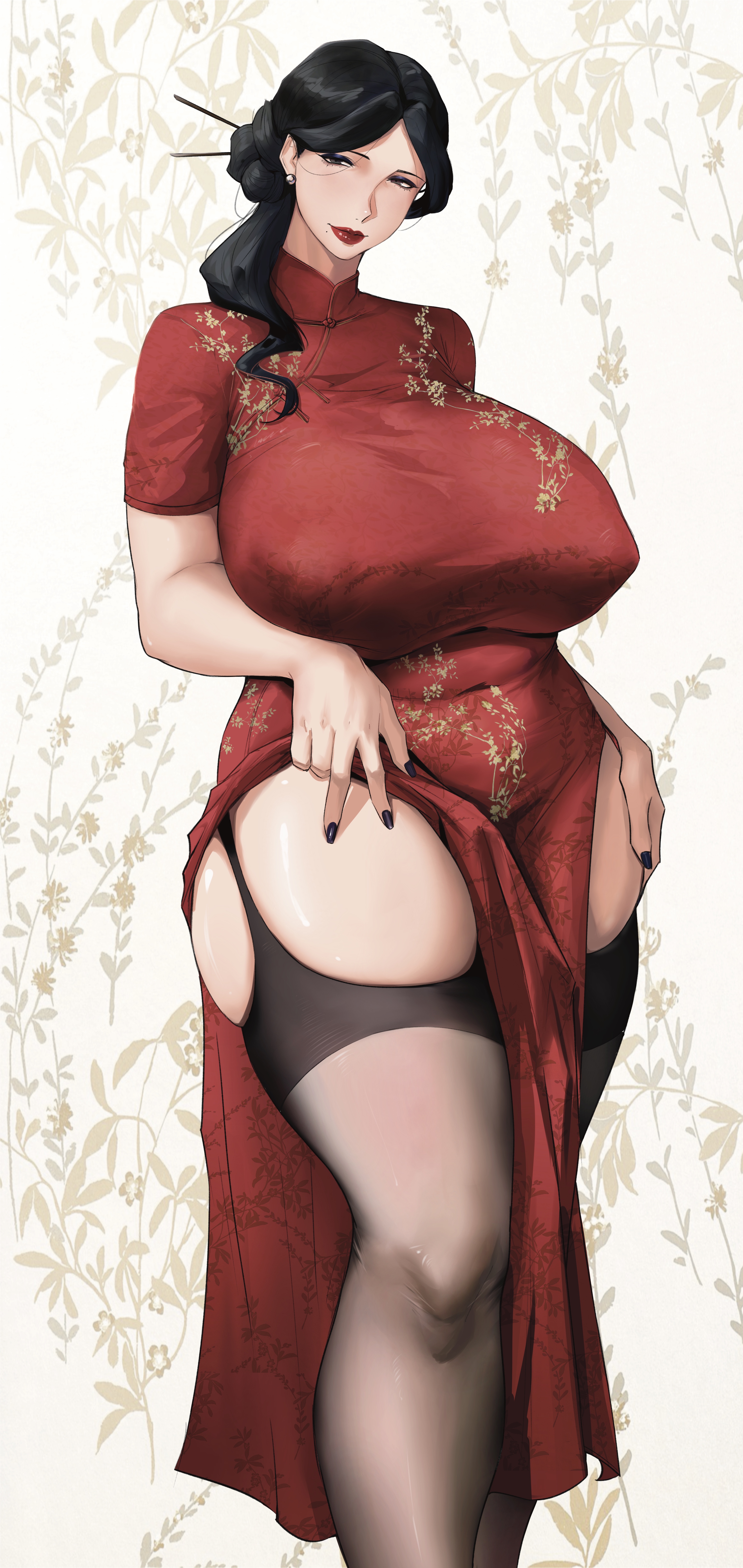 1girls, black hair, cheongsam, clothed, dark hair, dress, earrings, female, female only, lipstick, lulu95402099, mature female, red clothing, red dress, red lipstick, standing, visible nipples