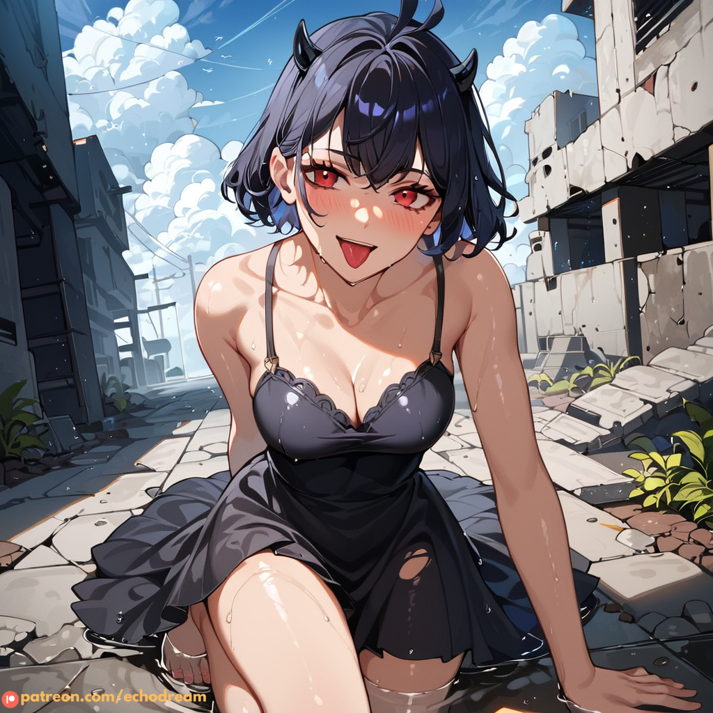 1girl abandoned ai_generated anime black_clover black_dress black_hair dress echodream female female_focus female_only horns red_eyes secre_swallowtail tongue tongue_out wet