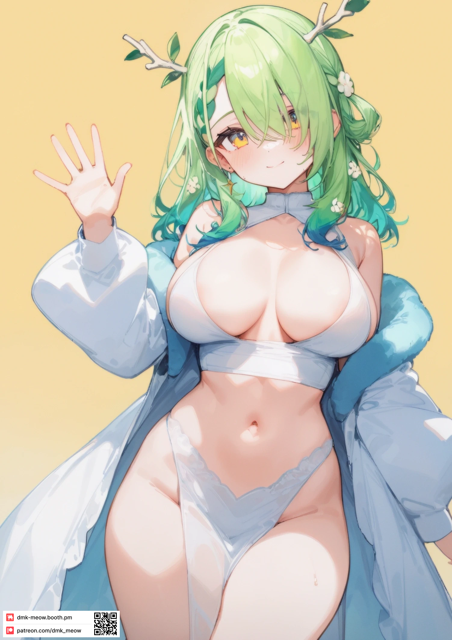 ai generated, antlers, bare shoulders, blush, braid, braided bangs, branch, breasts, ceres fauna, cleavage, closed mouth, coat, cowboy shot, dmk meow, earrings, female, flower, green hair, hair flower, hair ornament, hair over one eye, hand up, hololive, hololive english, hololive english -council-, hololive english -promise-, horns, jacket, jewelry, large breasts, long hair, long sleeves, looking at viewer, mole, mole under eye, multicolored hair, navel, off shoulder, open clothes, open coat, pelvic curtain, revealing clothes, simple background, smile, solo, stomach, thighs, virtual youtuber, waving, yellow background, yellow eyes