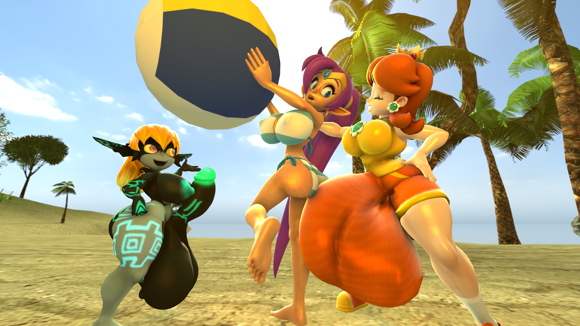 1girls, 2futas, 3d, 3d (artwork), areola, ass, balls, barefoot, beach, beach ball, breasts, bulge, crossover, curvy, eastern and western character, erect nipples, feet, female, flaccid, futa with female, futa with futa, futanari, huge ass, huge balls, huge breasts, huge cock, huge penis, huge testicles, huge thighs, hyper, hyper balls, hyper bulge, hyper penis, imp midna, intersex, kabalmystic, kabalmystic (style), mario (series), mario tennis, midna, nintendo, nipple bulge, nipples, no helmet imp midna, nude, outdoors, panties, panty bulge, penis, penis in panties, penis under clothes, princess daisy, sand, shantae, shantae (character), shocking (artist), smooth skin, soles, source filmmaker, sportswear, the legend of zelda, toes, trio, twilight princess, wayforward