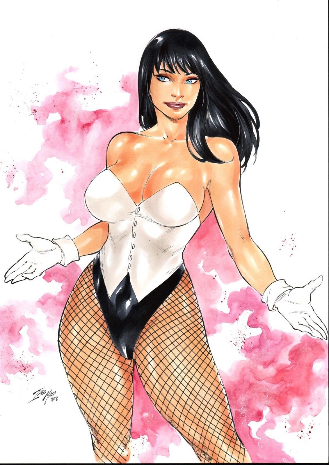 1girls 2018 abstract_background big_breasts black_hair black_leotard blue_eyes breasts busty cleavage corset curvaceous curvy dated dc dc_comics ed_benes_studio eyeshadow female female_only fishnet fishnet_stockings fishnets gloves homo_magi human iago_maia justice_league large_breasts leotard long_hair magician makeup mascara pink_background pinup red_lips red_lipstick signature solo sorceress stockings straight_hair thick_thighs thighs voluptuous white_corset white_gloves witch zatanna zatanna_zatara