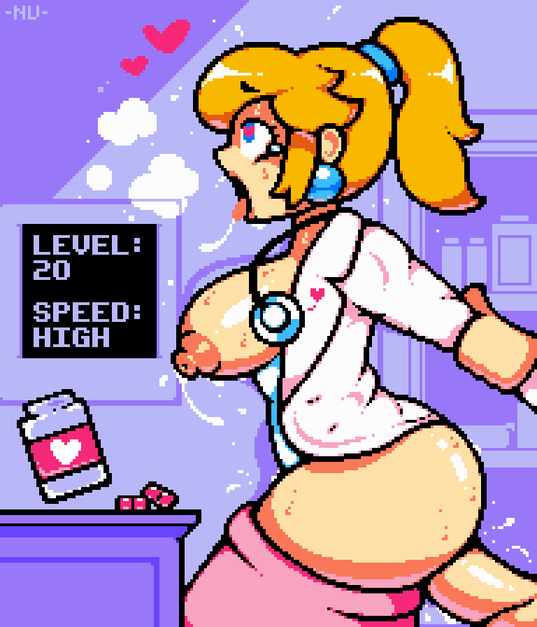 1boy 1girls ahe_gao aphrodisiac arm_grab arms_behind_back ass blonde_hair blue_eyes breasts clothed_sex clothing dr._mario_(series) dr._peach english_text faceless_male female female_focus fucked_silly heart heart-shaped_pupils labcoat lactation light_skin male mario_(series) milk_squirt neonvanta nintendo penetration pixel_art ponytail princess_peach saliva score sex skirt skirt_down standing stethoscope straight sweat sweatdrop text thighs tongue_out