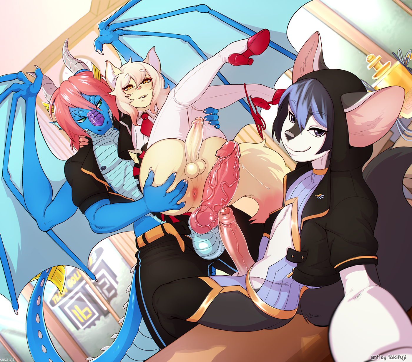 3boys, anthro, anthrofied, anus, ass, ass grab, balls, biting lip, black eyes, black hair, blonde fur, blue scales, clothed, crossdressing, dragon, dragon boy, erection, femboy, fennec, fluffy tail, foreskin, fox, fox boy, fox ears, fox tail, furry, furry only, girly, green eyes, hazel eyes, high heels, huge cock, legs, legs up, legwear, looking at viewer, male, male only, panties, panties around one leg, penis, pink hair, precum, red panties, selfie, smile, thighhighs, tokifuji, trap, uncircumcised, veiny penis, white fur, yaoi