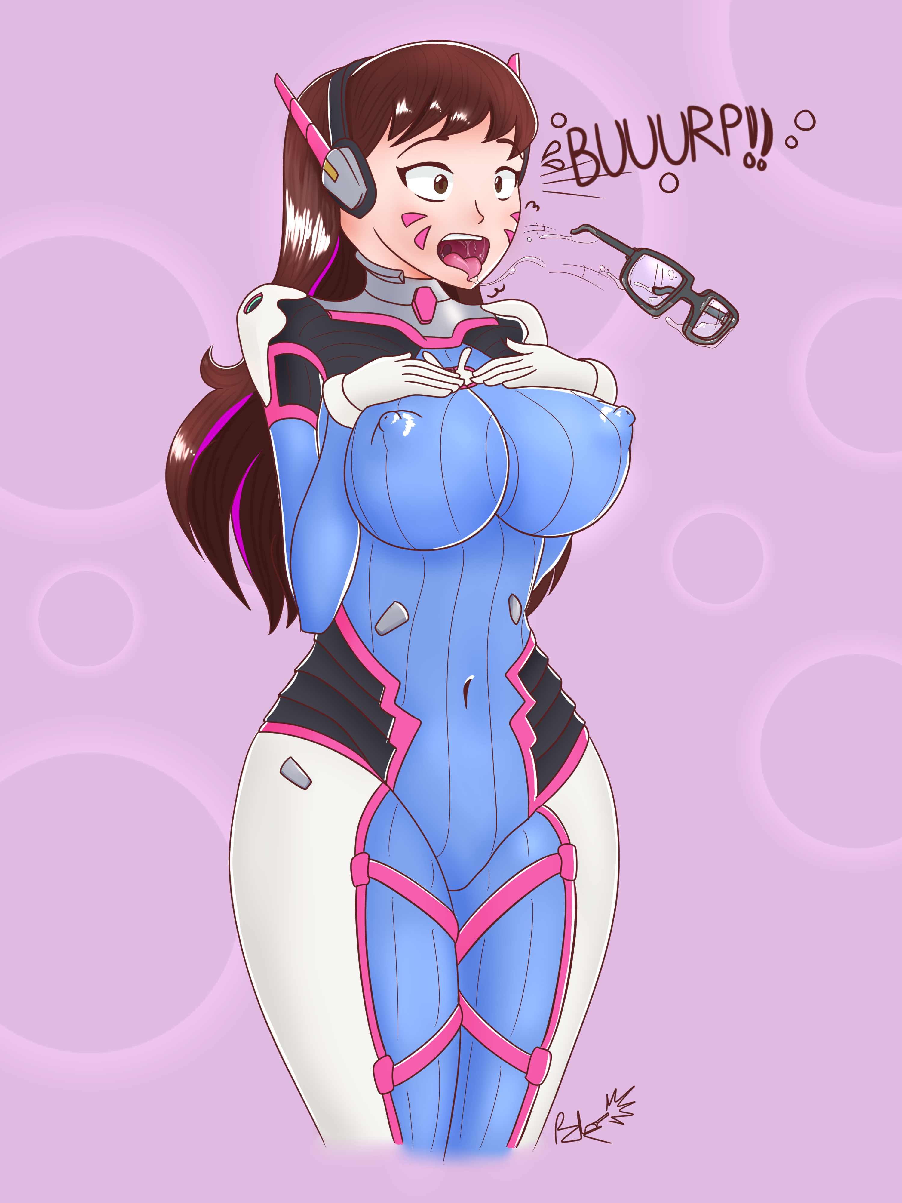 asian, asian female, blizzard entertainment, bodysuit, breasts, brown eyes, brown hair, burping, burping up clothes, burping up items, d.va, face markings, female, glasses, gloves, headset, large breasts, mei (overwatch), nipple bulge, overwatch, panzerpunk, vore