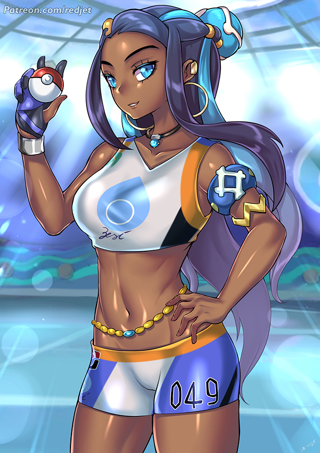 1girls, abs, armlet, bare arms, bare legs, bare shoulders, bike shorts, black hair, black-haired female, blue eyes, blue hair, bracelet, breasts, dark skin, earrings, female, female only, gloves, grin, gym leader, hair ornament, hand on hip, hand up, holding, holding poke ball, hoop earrings, human, human only, indoors, jewelry, large breasts, legs, long hair, looking at viewer, midriff, multicolored, multicolored gloves, multicolored hair, navel, neck, necklace, nessa (pokemon), nintendo, parted lips, poke ball, pokemon, pokemon ss, redjet, short shorts, shorts, single glove, sleeveless, smile, solo, sportswear, standing, two-tone hair