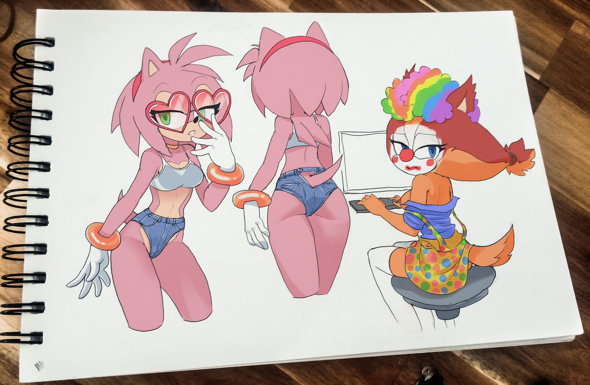 2girls, afro, amy rose, anthro, breasts, clown makeup, computer monitor, female, furry, jean shorts, pussy, pussy bulge, pussy peek, sega, sideboob, sketch, sonic (series), sonic boom, sonic the hedgehog (series), sparkydb, sticks the badger, sticks the jungle badger, sticks the tejon, sunglasses, thighhighs, tinted eyewear