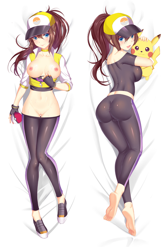 ass, bed, blue eyes, breasts, clothed, dakimakura design, feet, female, female only, female protagonist (pokemon go), hug, nintendo, nipples, pikachu, plushie, pokémon (species), pokeball, pokemon, pokemon (species), shoes, shoes removed, yellow clothing