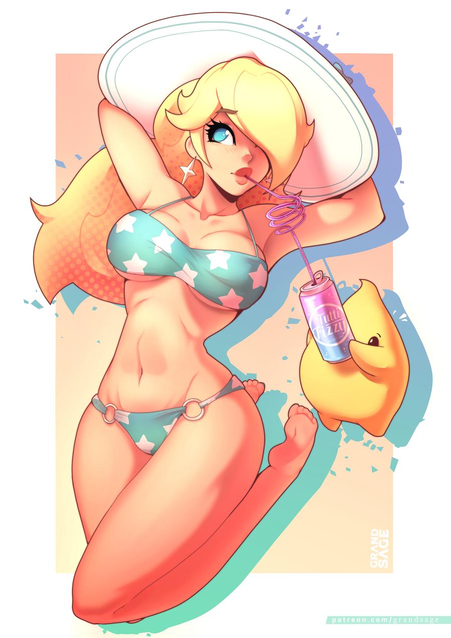 1girls 1other ambiguous_gender arms_behind_head arms_up beach bikini blonde_hair blue_bikini blue_eyes breasts cleavage earrings female female_focus full_body grand-sage hair_over_one_eye hat long_hair luma mario_(series) nintendo outdoors princess_rosalina simple_background sun_hat super_mario_galaxy swimsuit thighs underboob