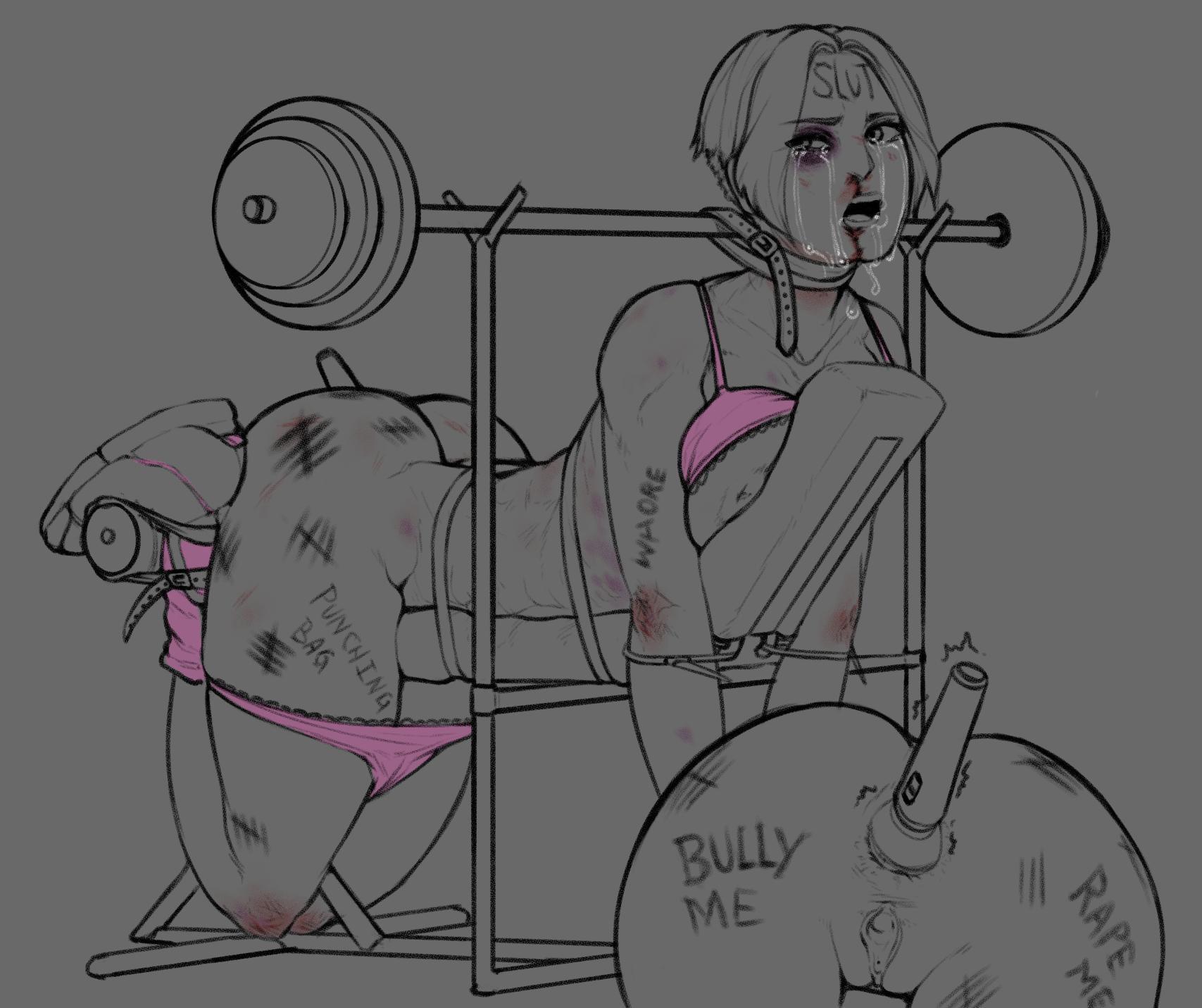 1girls, abs, after rape, anal, anal insertion, areola, ass, beaten, belt, big breasts, black and white, black eye, blood, bloody nose, blush, body writing, bondage, bra, breasts, broken nose, bruise, bruised, clitoris, defeated, english text, female, female only, femsub, gym uniform, half-closed eyes, harsh-mallowz, helpless, injury, iq (rainbow six), legs tied, monochrome, muscular, muscular female, nipples, open mouth, partially clothed, partially colored, pink bra, pink panties, public use, pussy, rainbow six, rainbow six siege, rape, restrained, solo, solo female, strapped down, stuck, tally marks, tears, text, thick thighs, thigh gap, thin waist, tom clancy, trembling, vibrator, vibrator in anus, weight bench, wide hips, wince