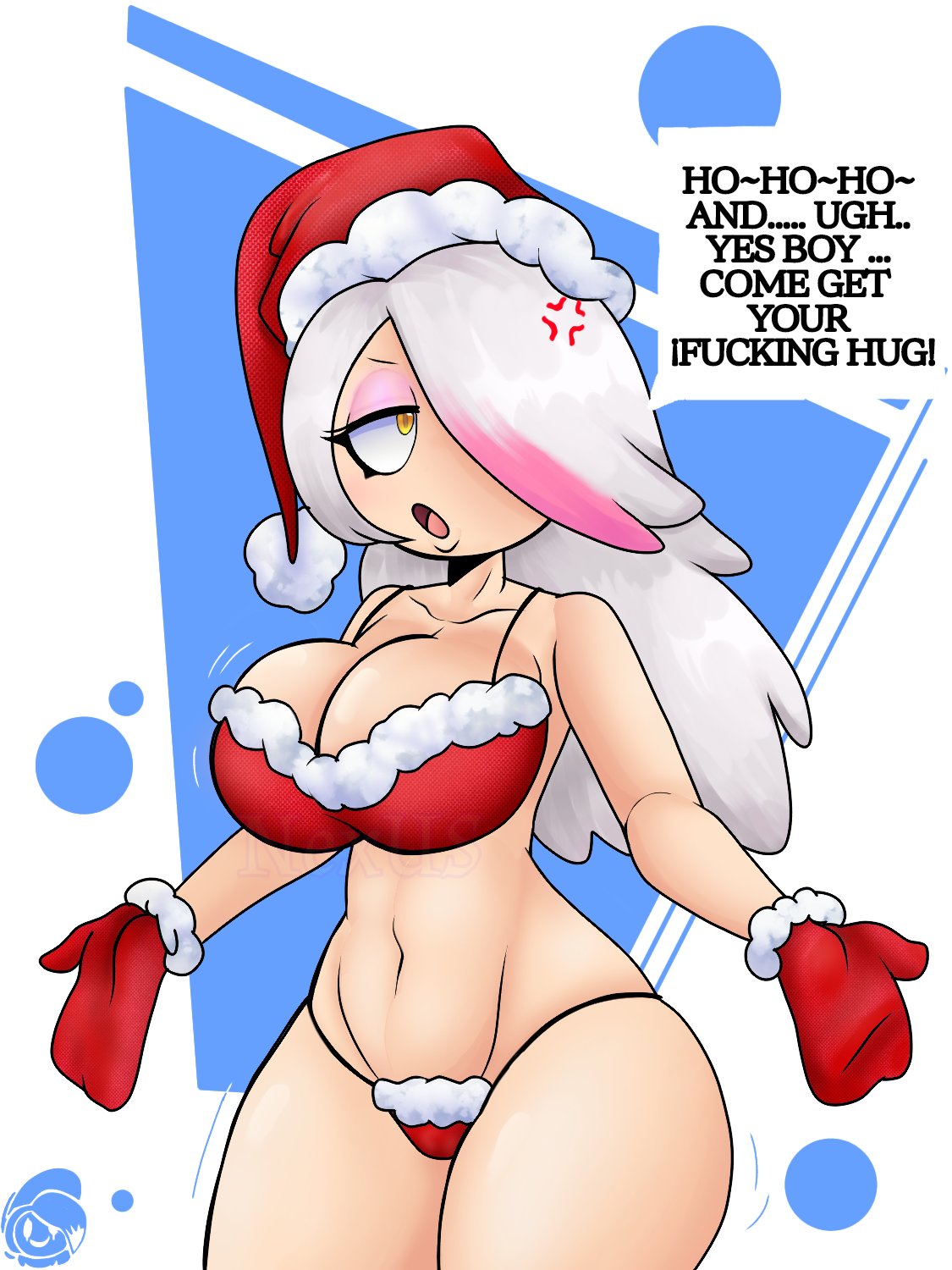 1girls angry annoyed breasts christmas christmas_hat christmas_lingerie christmas_outfit cleavage english_text female female_only fhs fhsz3r0 fnafhs fnafhs_z3ro fnafhsrule34 large_breasts lingerie meg_(fnafhs) nexus_poiazo solo text