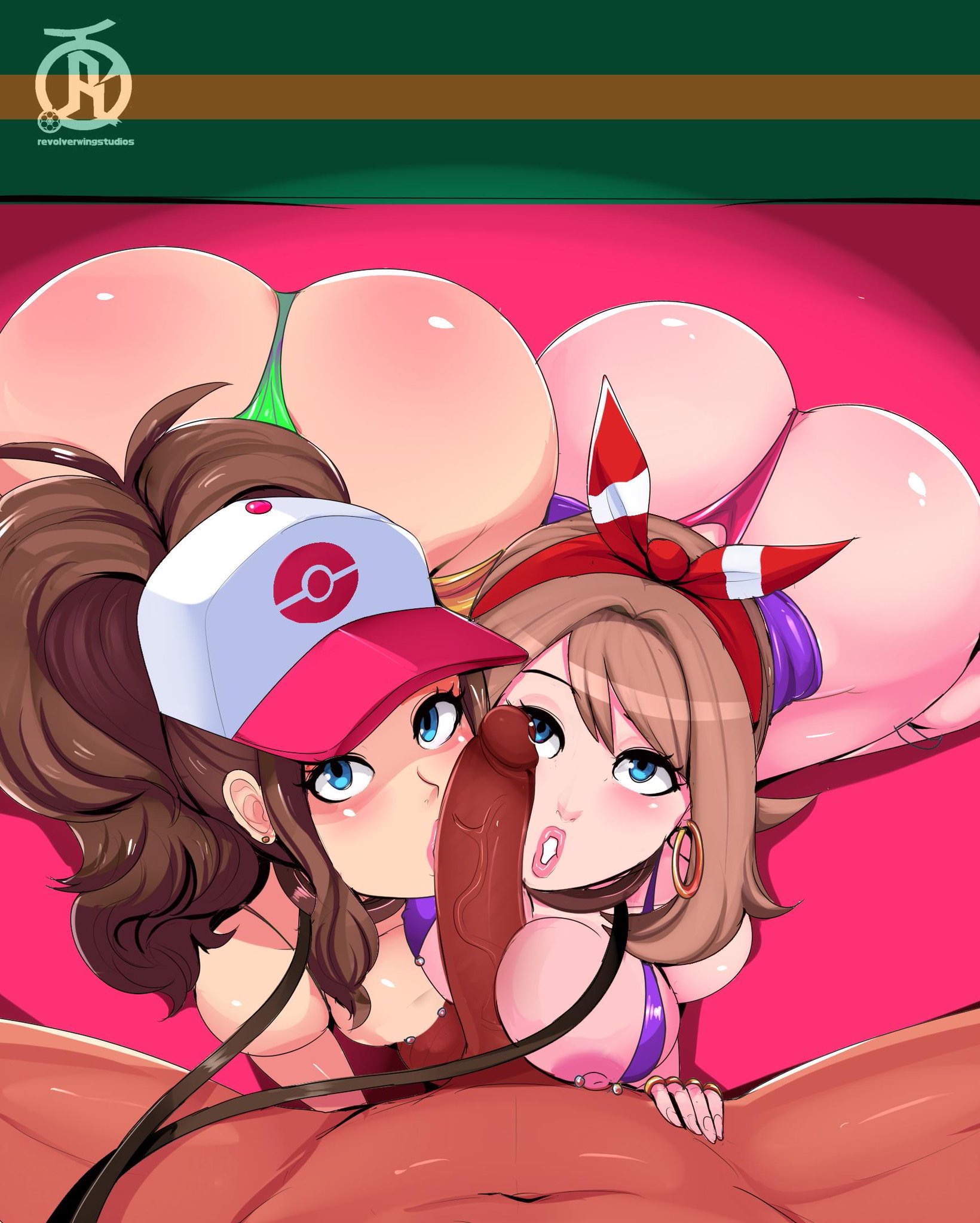 1boy, 2girls, aged up, alternate breast size, alternate costume, ass, bandana, big breasts, big penis, bikini, blue eyes, blush, breasts, brown hair, collar, color, dark skin, dark-skinned male, earrings, female, hat, hilda (pokemon), hoop earrings, human, human only, interracial, jewelry, large ass, large breasts, large penis, leash, male, male pov, male/female, may (pokemon oras), may (pokemon), nintendo, nipple piercing, nipples, nude, older, oral, penis, penis on face, pet play, piercing, pink background, pokemon, pokemon bw, pokemon oras, pov, revolverwingstudios, skimpy, source request, spread legs, text, thong, threesome, veins, veiny penis, watermark, wide hips